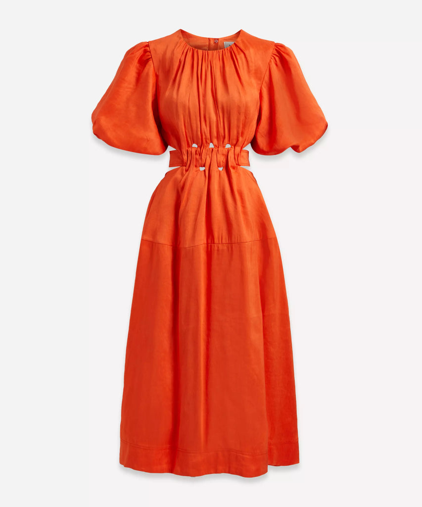 AJE Dress Orange Summer Puff Sleeve Tie-Back Cosette Midi