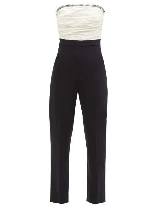 DAVID KOMA Crystal Embellished Ruched Front Strapless White Black Monochrome Jumpsuit - House Of Huntington