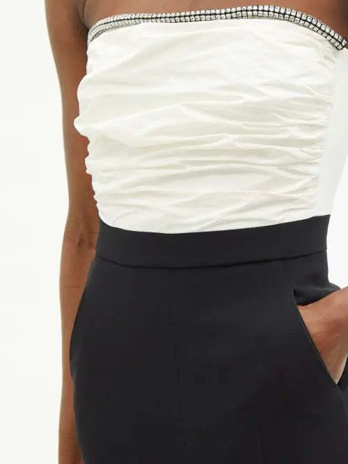 DAVID KOMA Crystal Embellished Ruched Front Strapless White Black Monochrome Jumpsuit - House Of Huntington