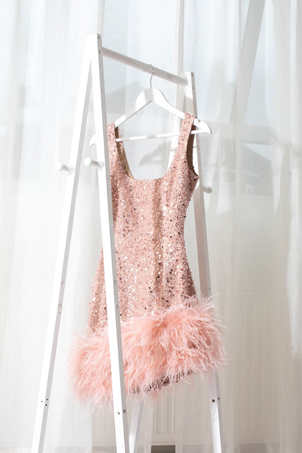 NADINE MERABI Pink Evie Pearl Sequin Embellished Feather Trim Dress - House Of Huntington