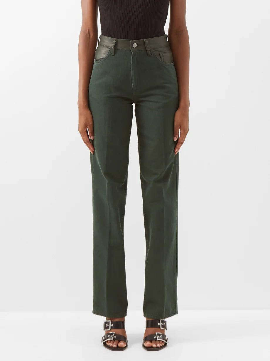 MAXIMILLIAN DAVIES Forest Green Leather Trim Spain Jeans - House Of Huntington