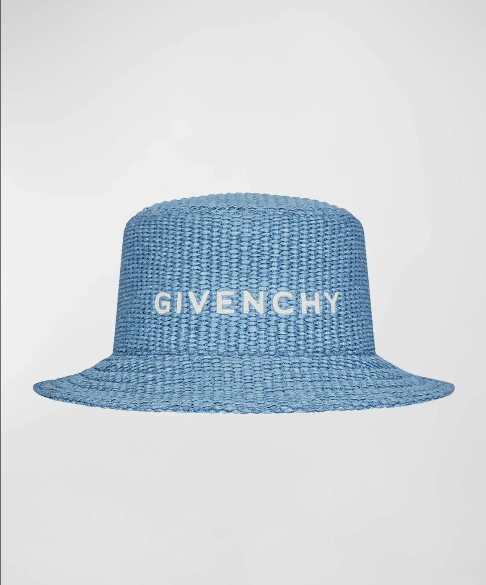A blue Givenchy woven raffia straw hat with logo embroidery on the front.