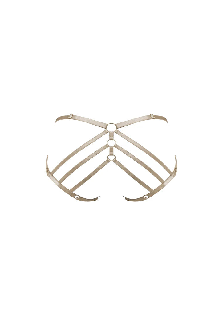 Bordelle Art Deco Ouvert Strap Caramel Satin 24k Gold Plated Detail Briefs - House Of Huntington