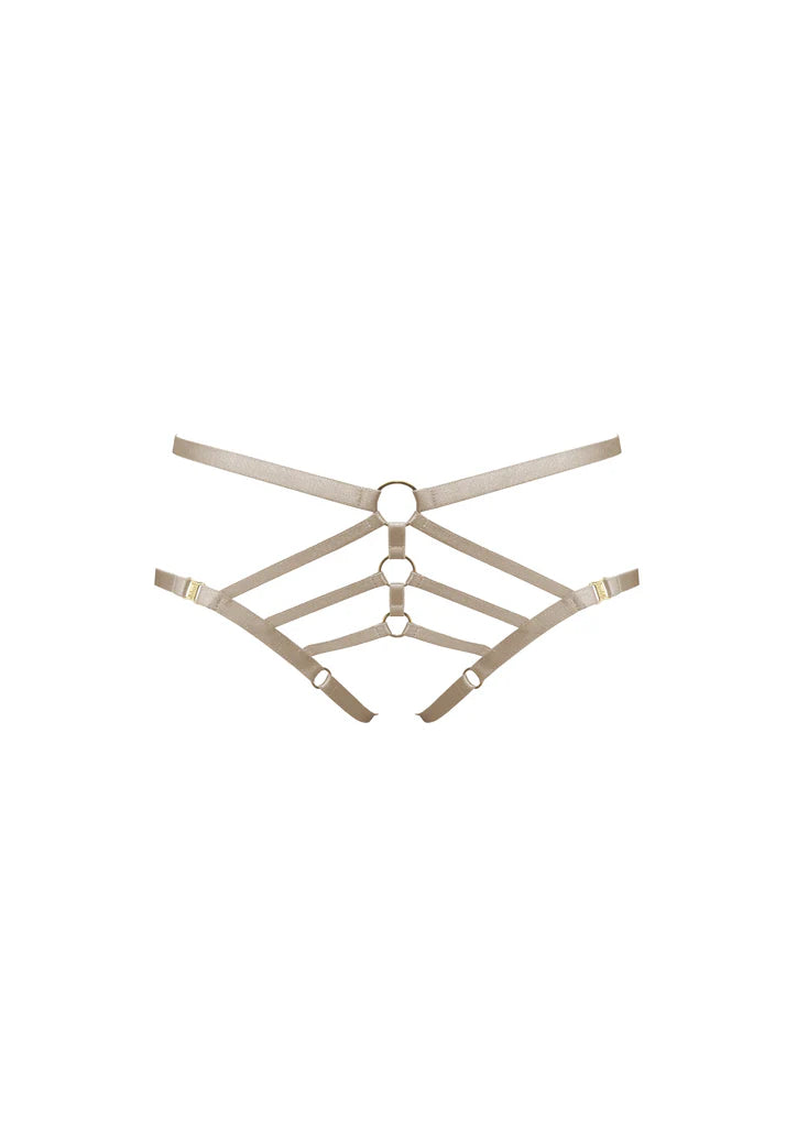 Bordelle Art Deco Ouvert Strap Caramel Satin 24k Gold Plated Detail Briefs - House Of Huntington