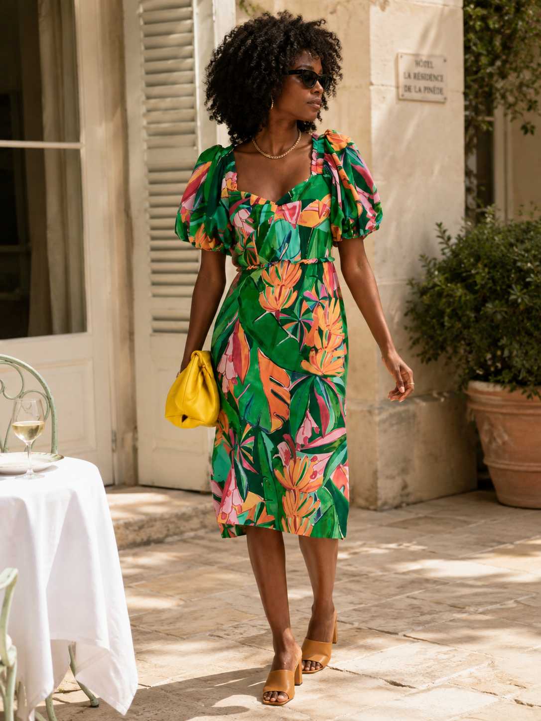 A woman wearing a vibrant farm rio green midi dress with a tropical leaf print in orange, pink, and yellow, styled with a bright yellow handbag and tan heeled sandals, walking outdoors on a stone patio.