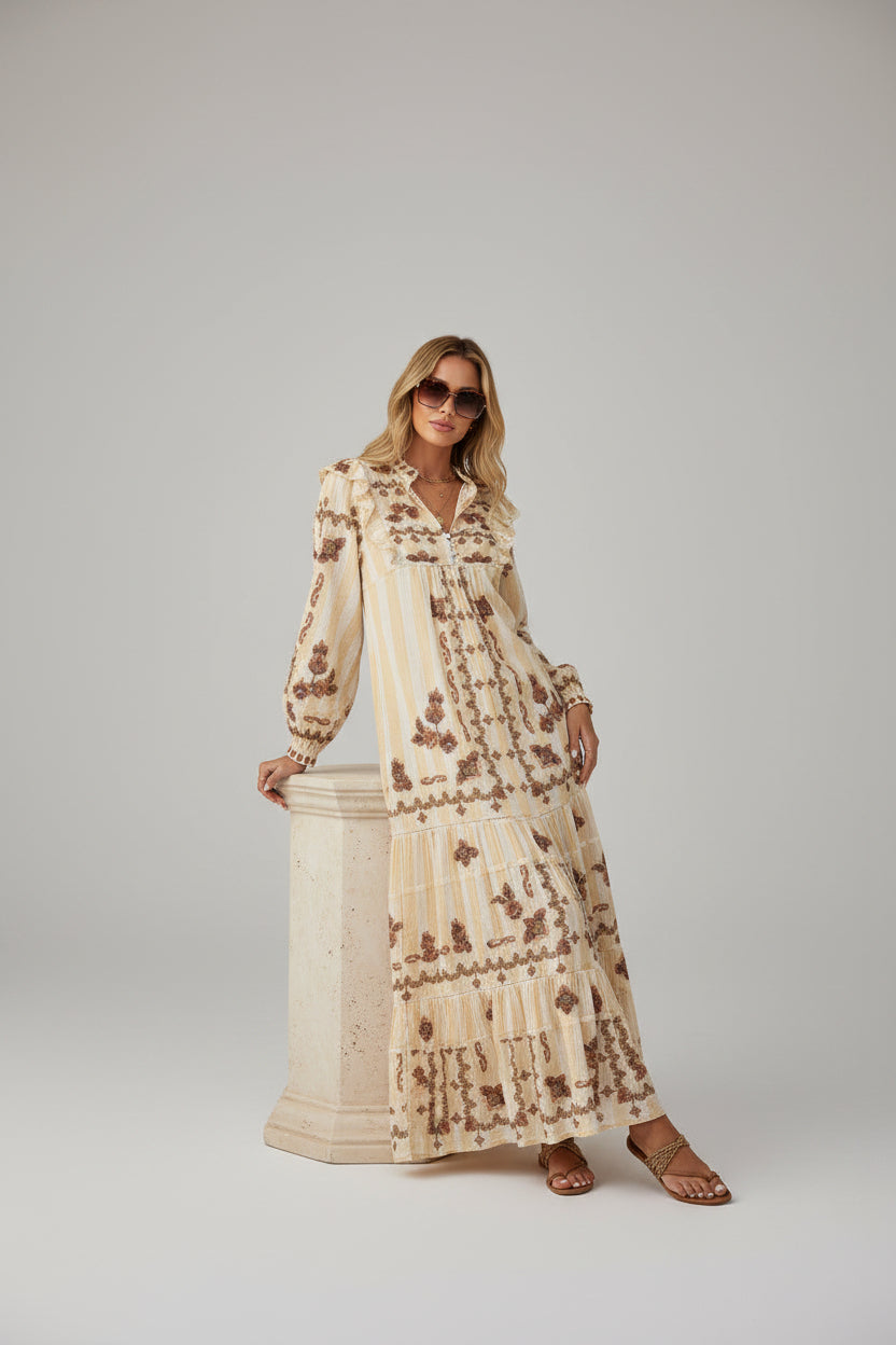 Farm Rio Jacquard Ikat White Long Sleeve Midi Dress