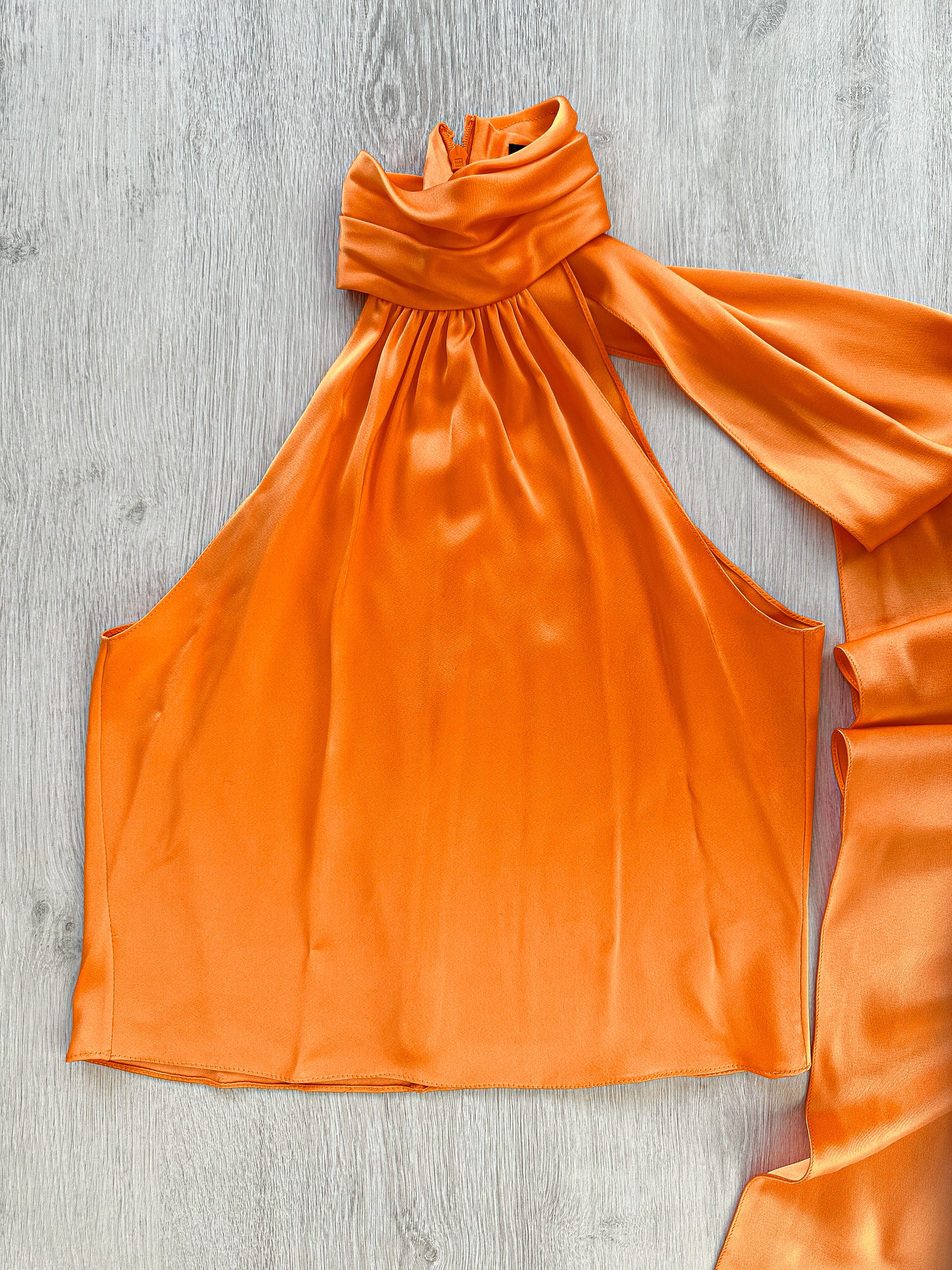 DAVID KOMA Orange Satin High Neck Drape Detail Sleeveless Top - House Of Huntington