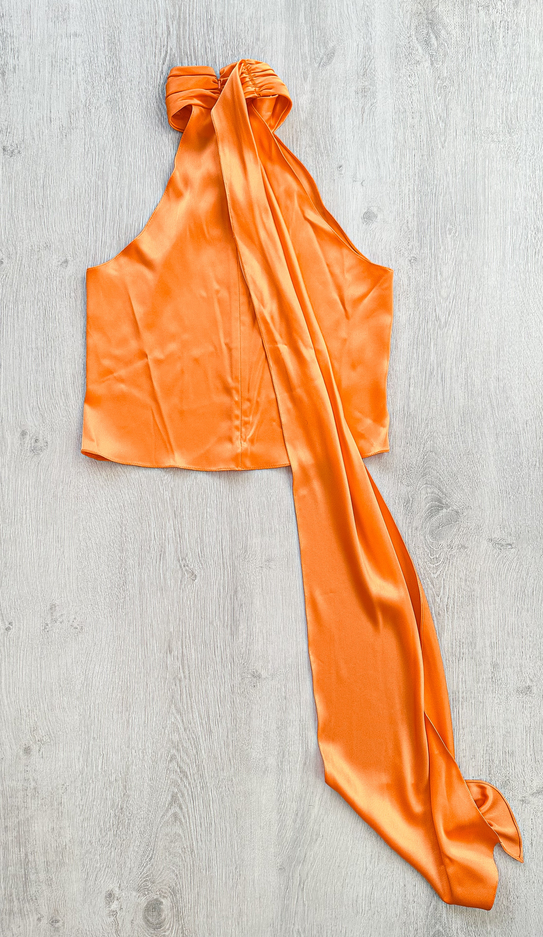 DAVID KOMA Orange Satin High Neck Drape Detail Sleeveless Top - House Of Huntington