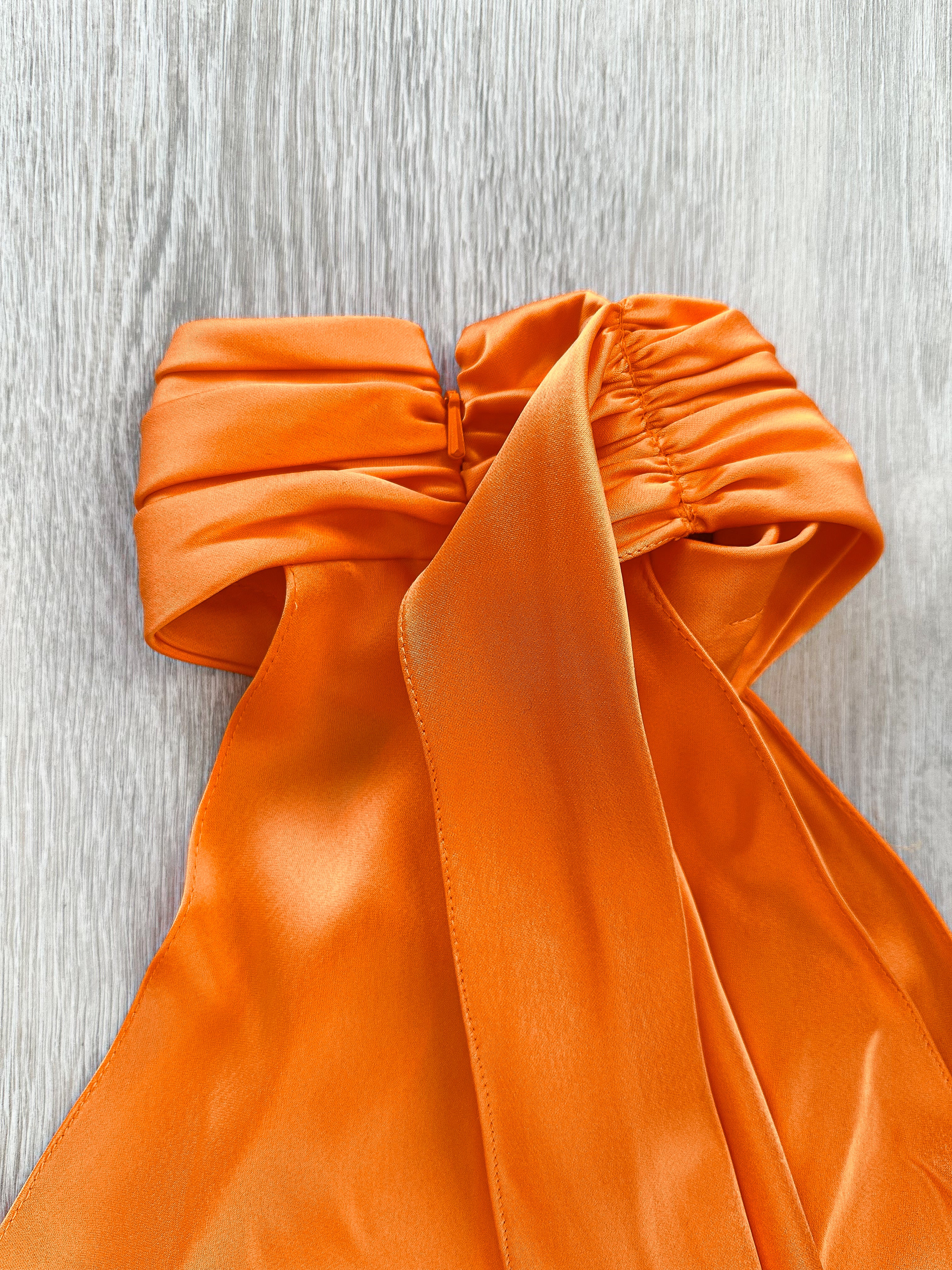 DAVID KOMA Orange Satin High Neck Drape Detail Sleeveless Top - House Of Huntington