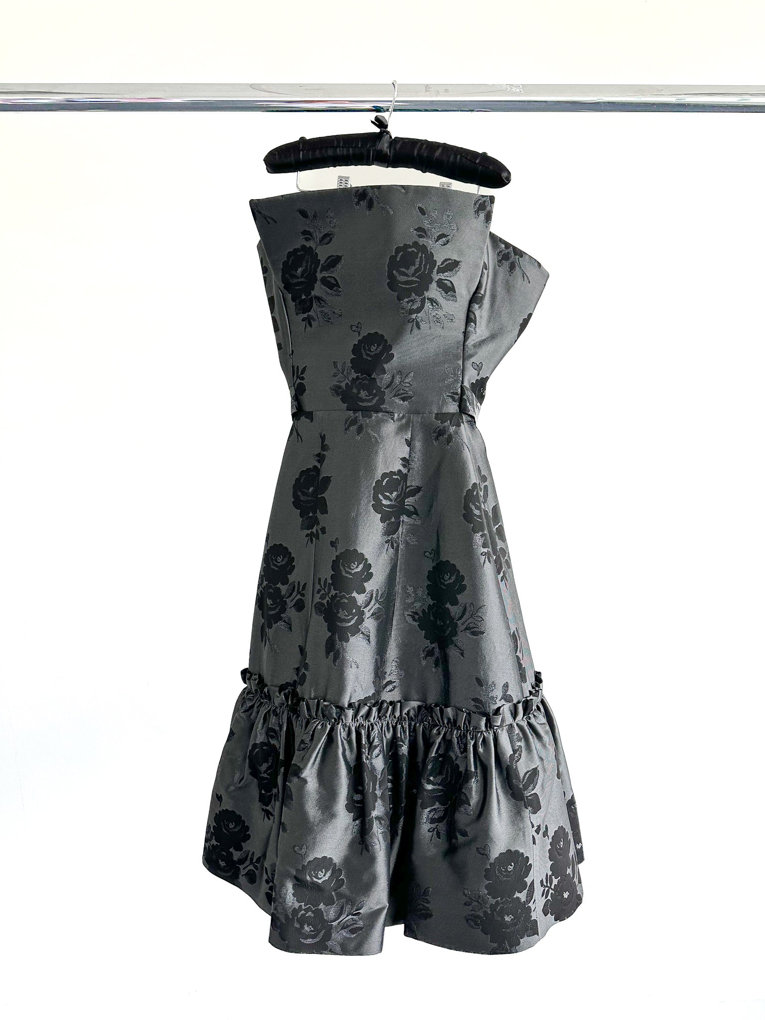 The Vampire's Wife Endurance Black Floral Jacquard Satin Strapless Dress - House Of Huntington