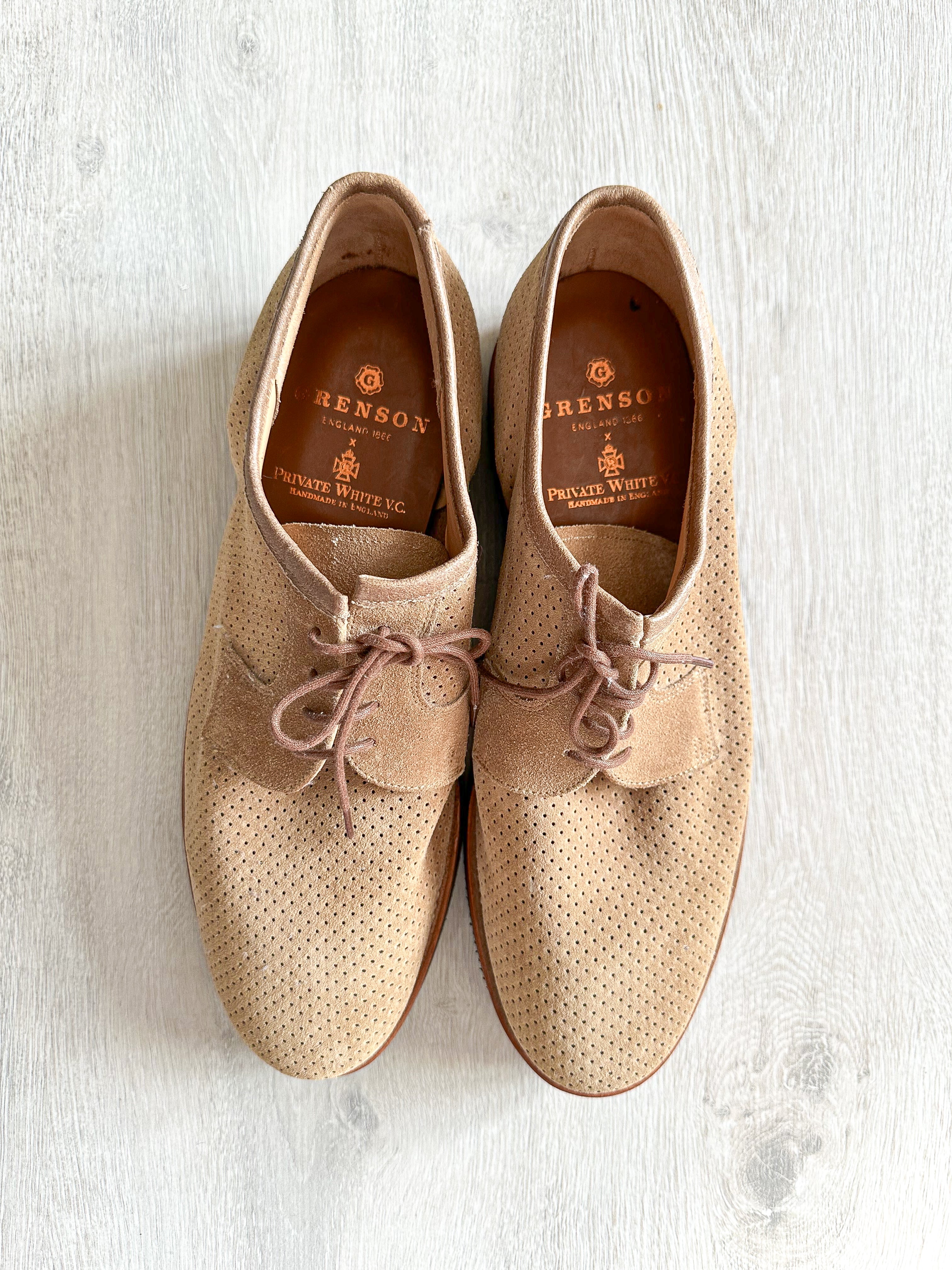 Private White V.C X Grenson Williams Perforated Suede Derby Shoe In Mushroom Brown - House Of Huntington