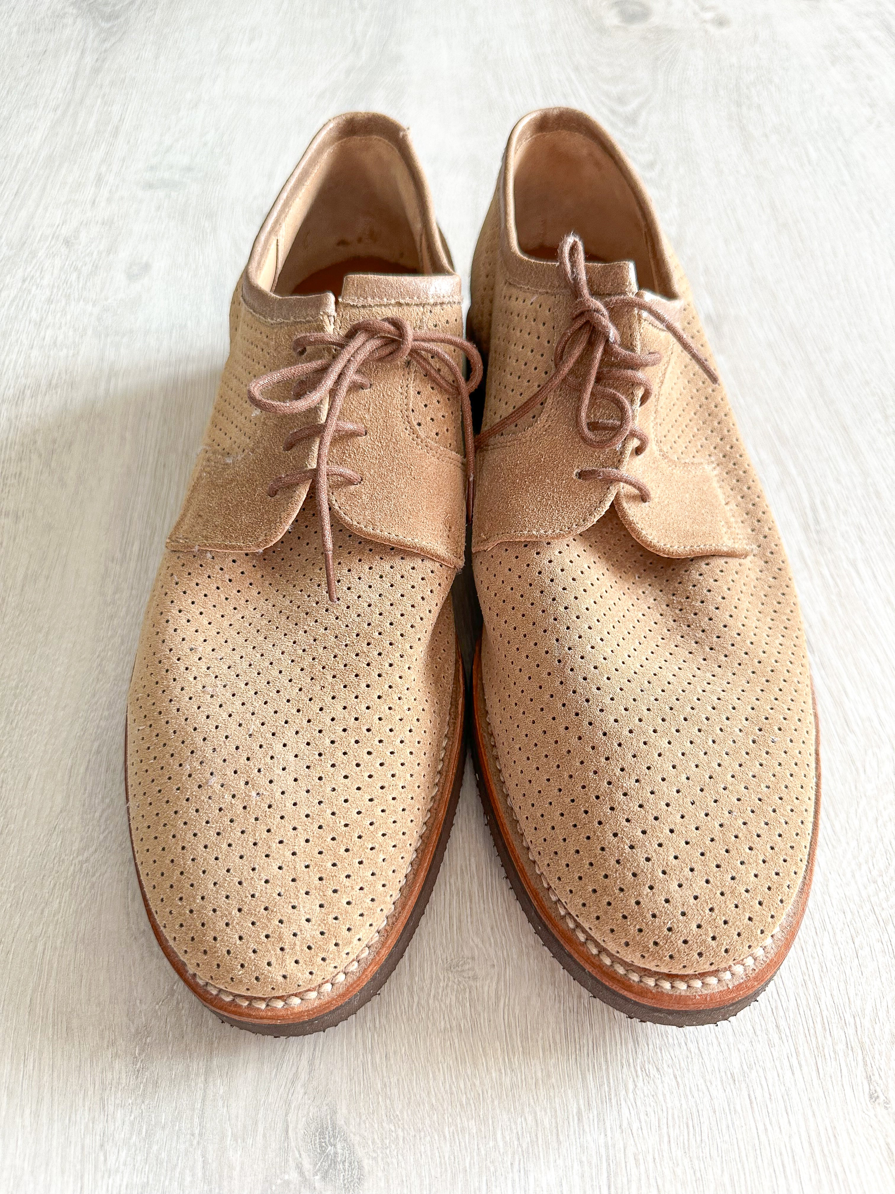 Private White V.C X Grenson Williams Perforated Suede Derby Shoe In Mushroom Brown - House Of Huntington