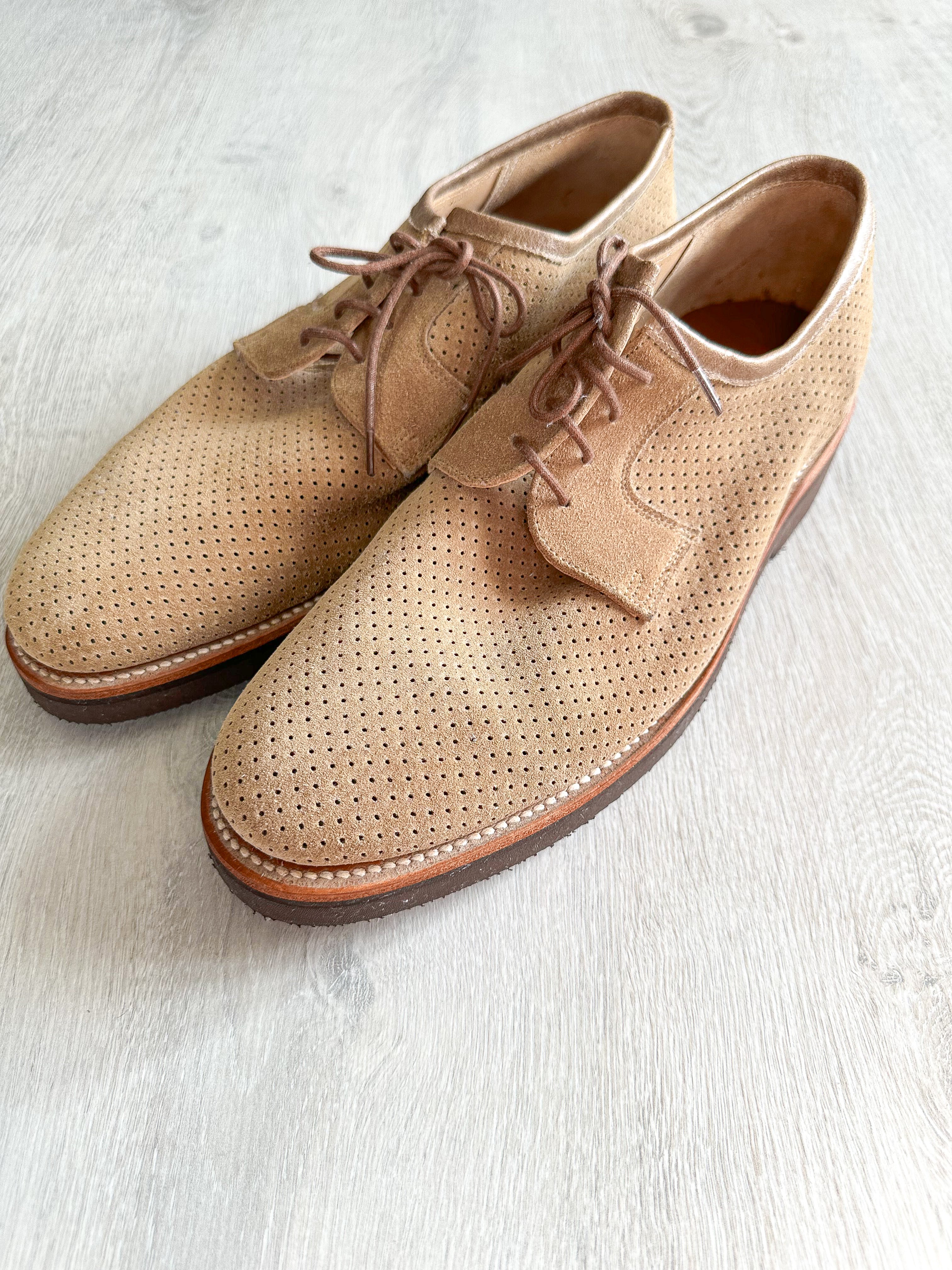 Private White V.C X Grenson Williams Perforated Suede Derby Shoe In Mushroom Brown - House Of Huntington
