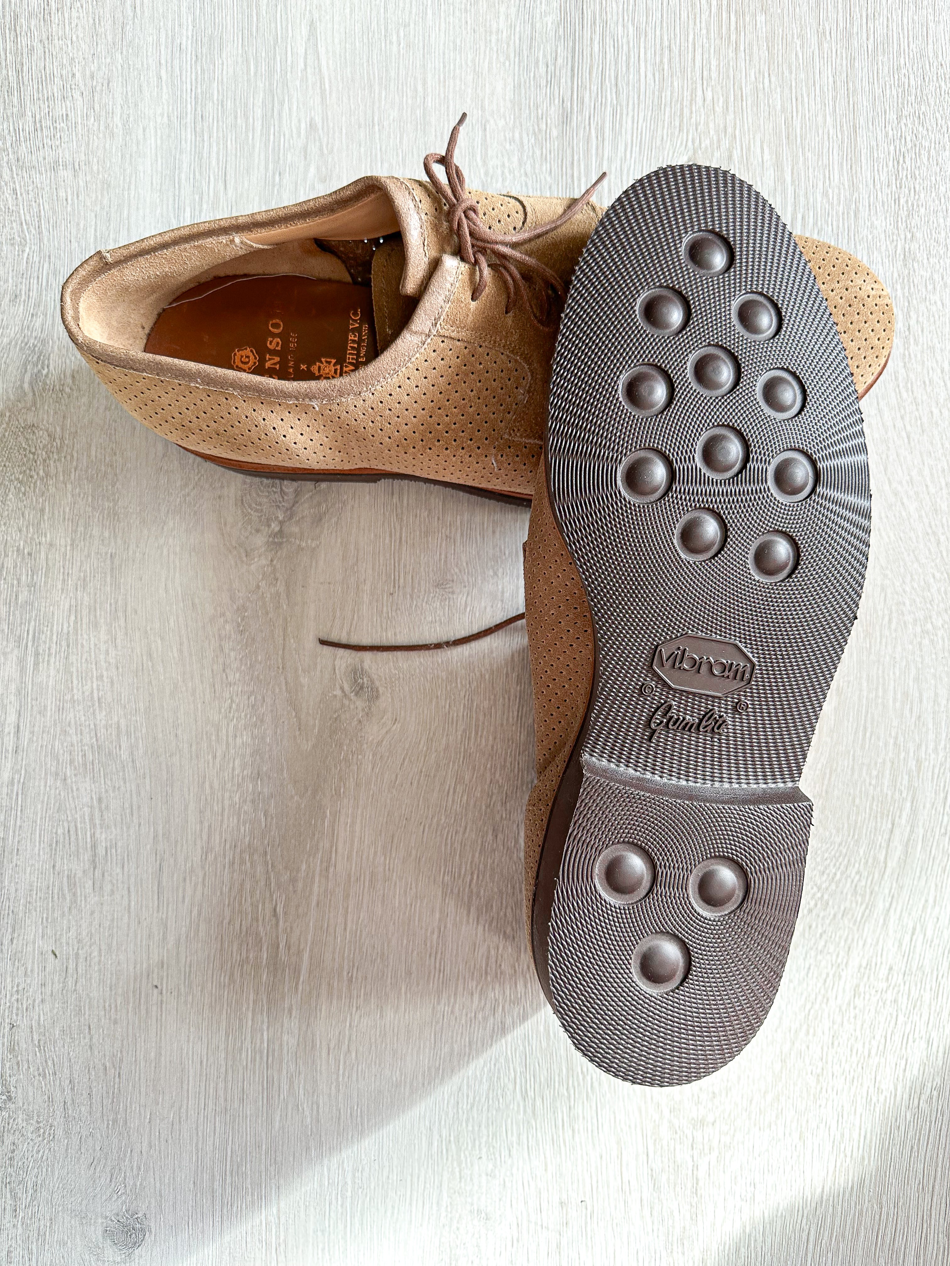 Private White V.C X Grenson Williams Perforated Suede Derby Shoe In Mushroom Brown - House Of Huntington