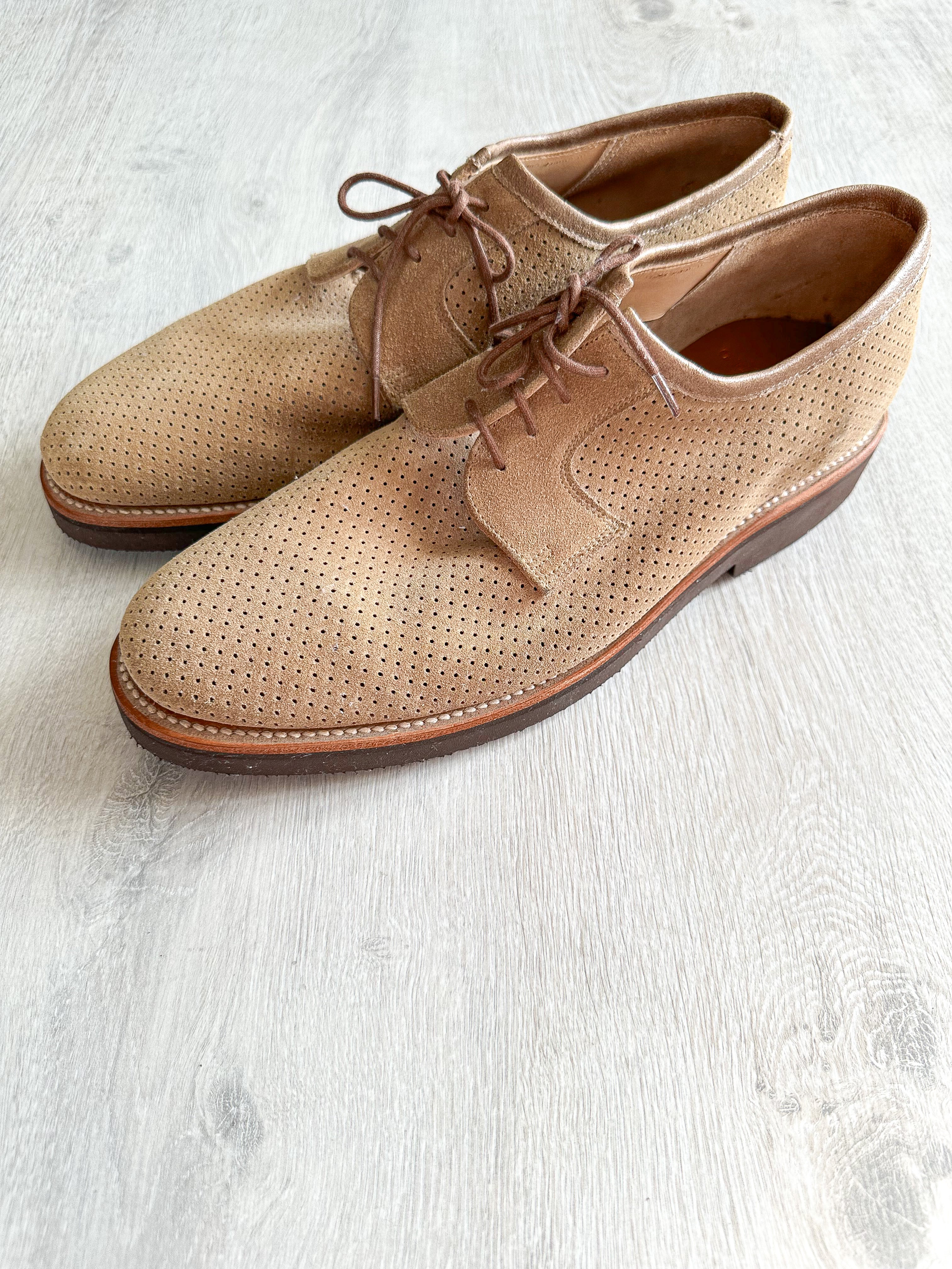 Private White V.C X Grenson Williams Perforated Suede Derby Shoe In Mushroom Brown - House Of Huntington
