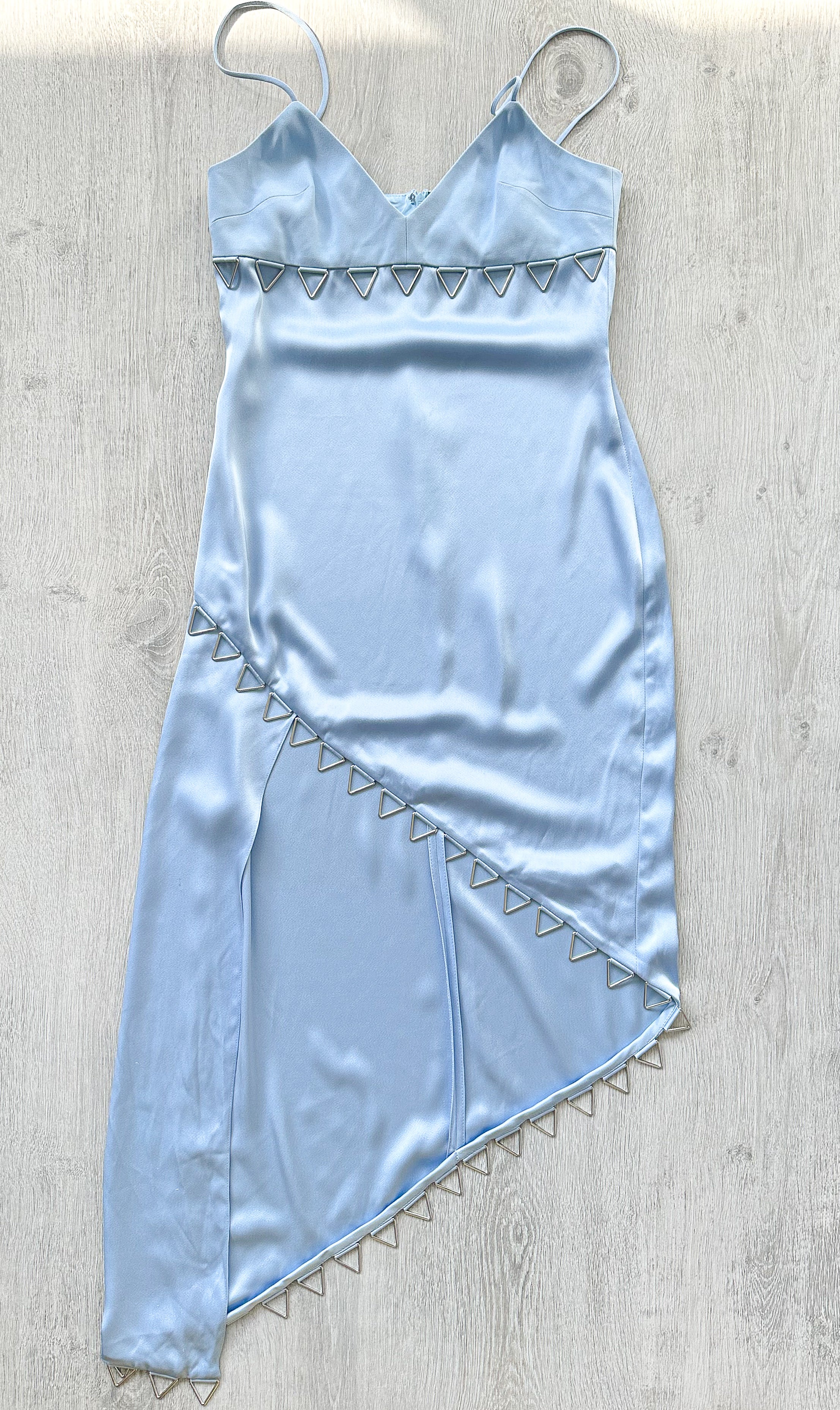DAVID KOMA Blue Satin Triangle Detail Asymmetric High Leg Midi Dress