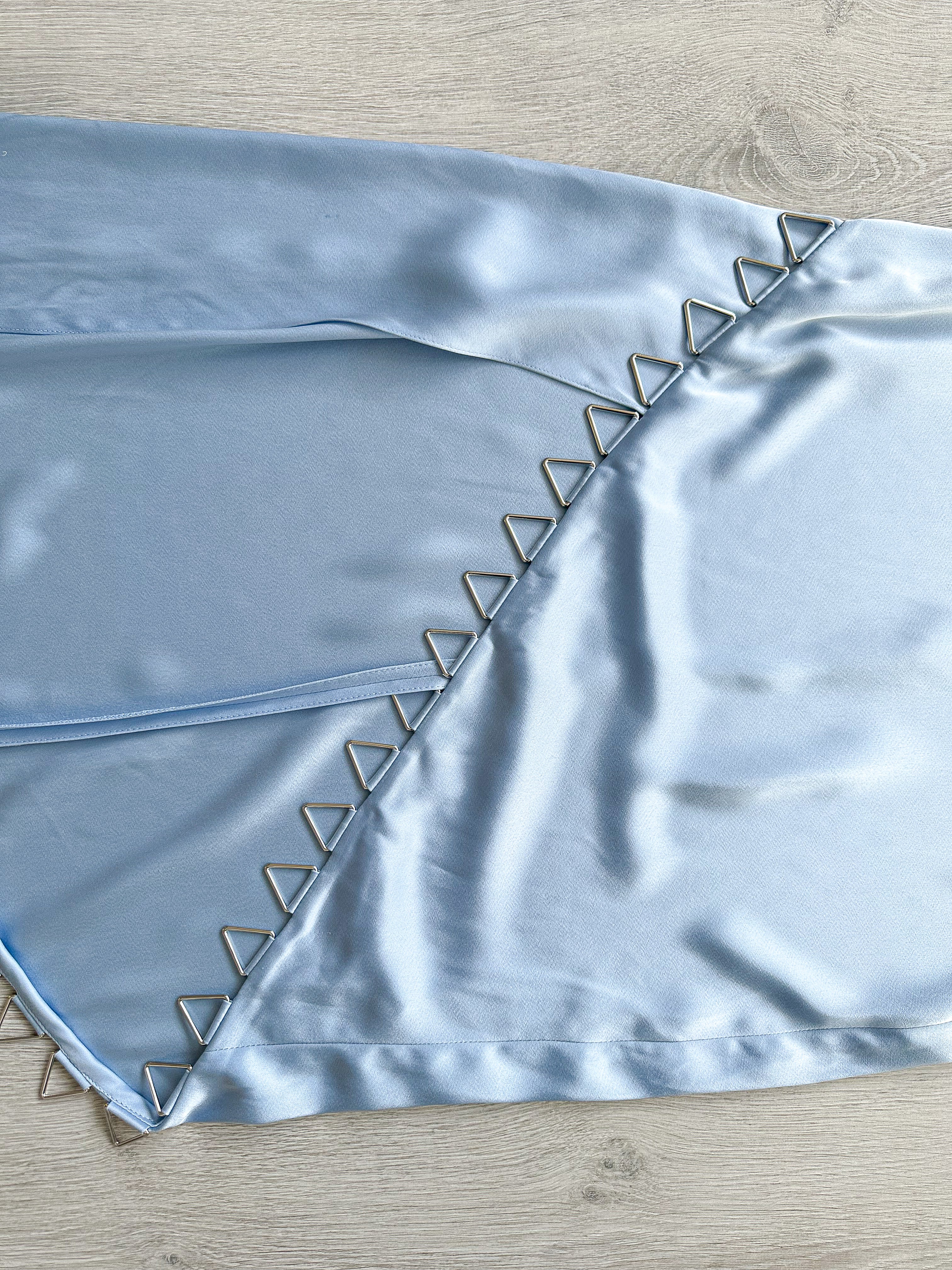 DAVID KOMA Blue Satin Triangle Detail Asymmetric High Leg Midi Dress - House Of Huntington