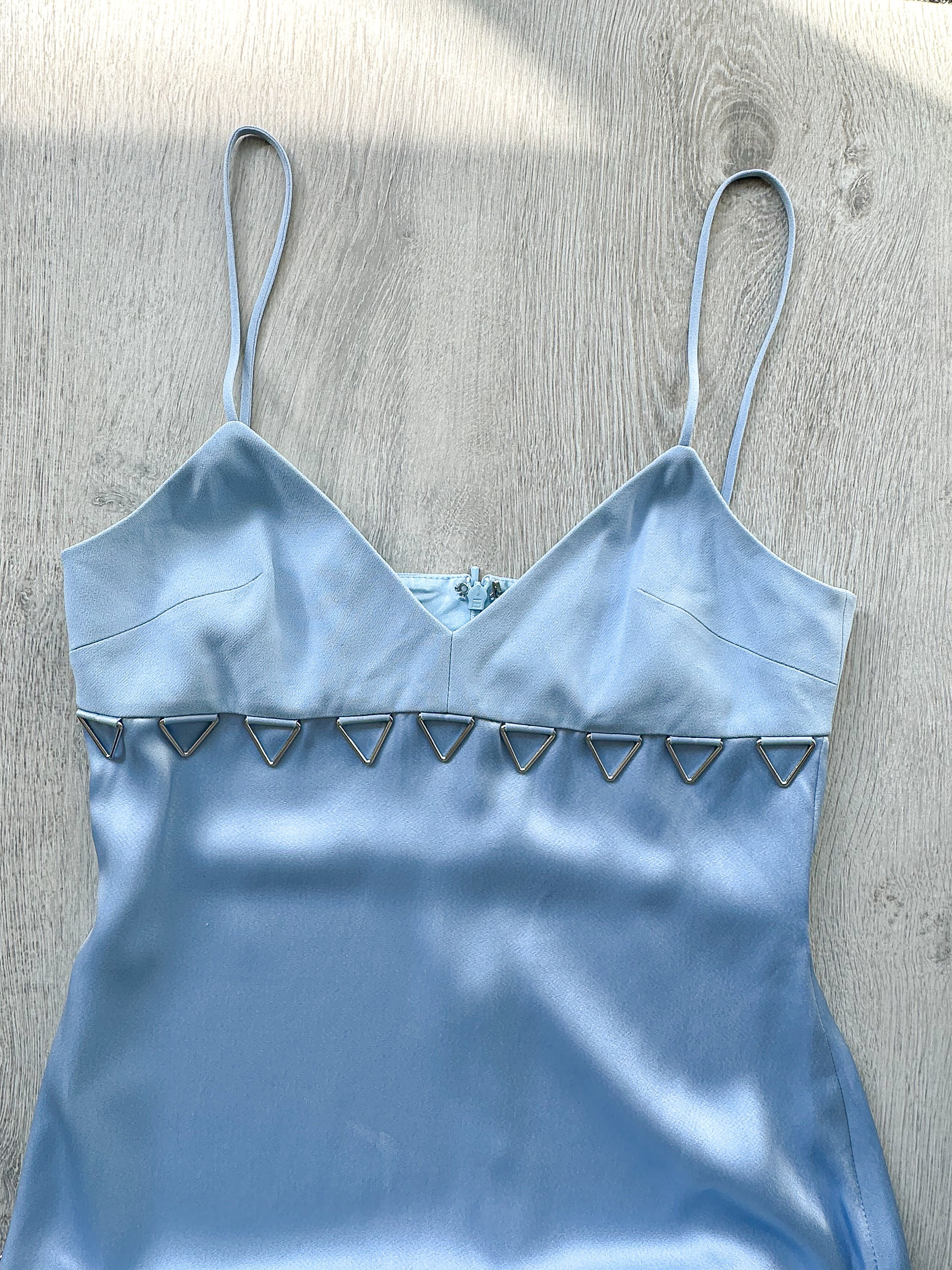 DAVID KOMA Blue Satin Triangle Detail Asymmetric High Leg Midi Dress - House Of Huntington