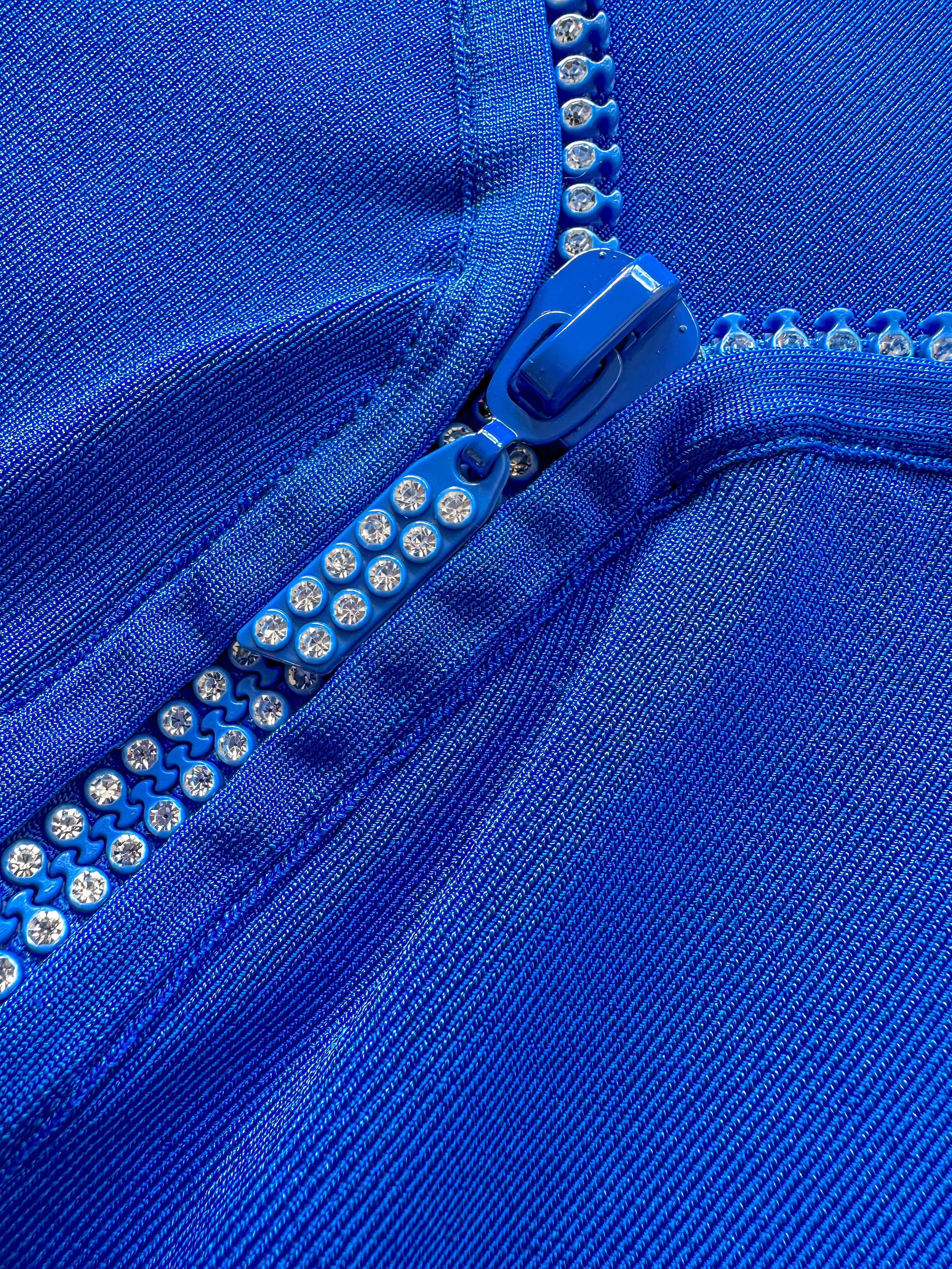 DAVID KOMA Blue Crystal Embellished Zipper Front Long Sleeve Mini Dress - House Of Huntington