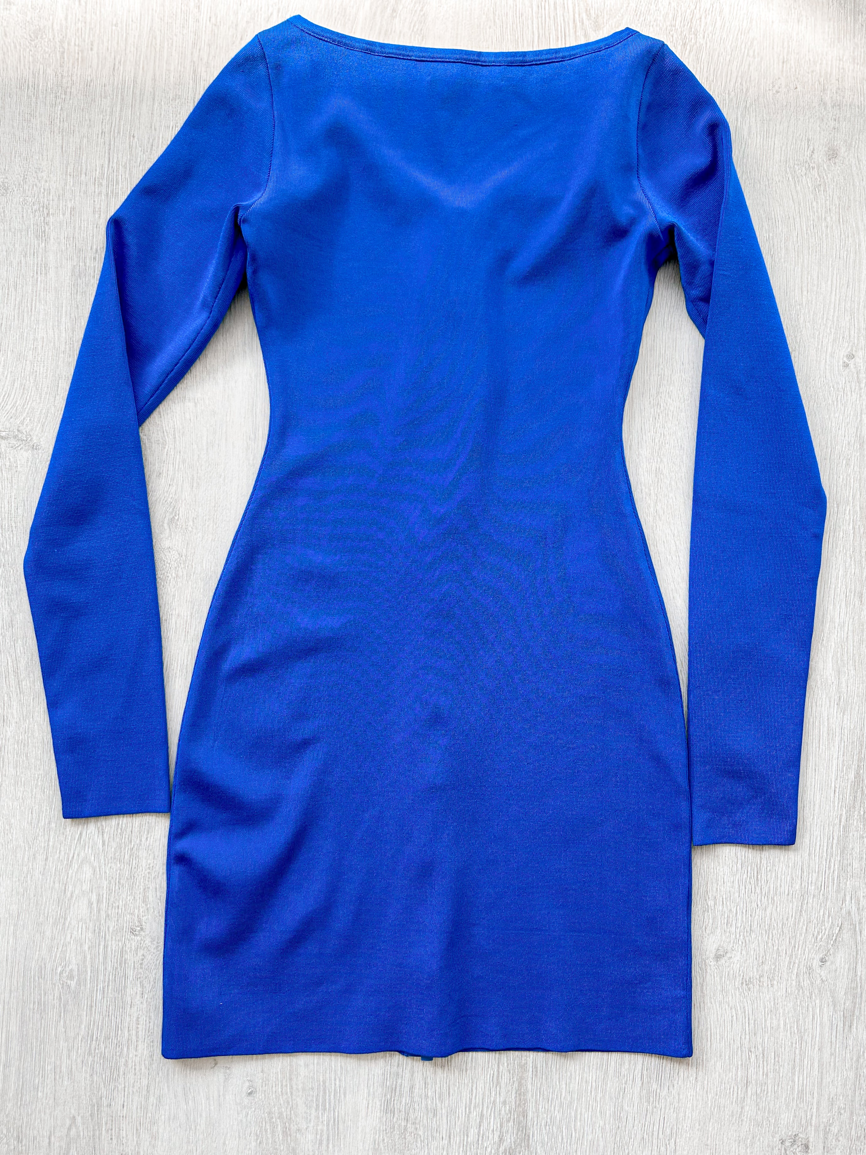 DAVID KOMA Blue Crystal Embellished Zipper Front Long Sleeve Mini Dress - House Of Huntington