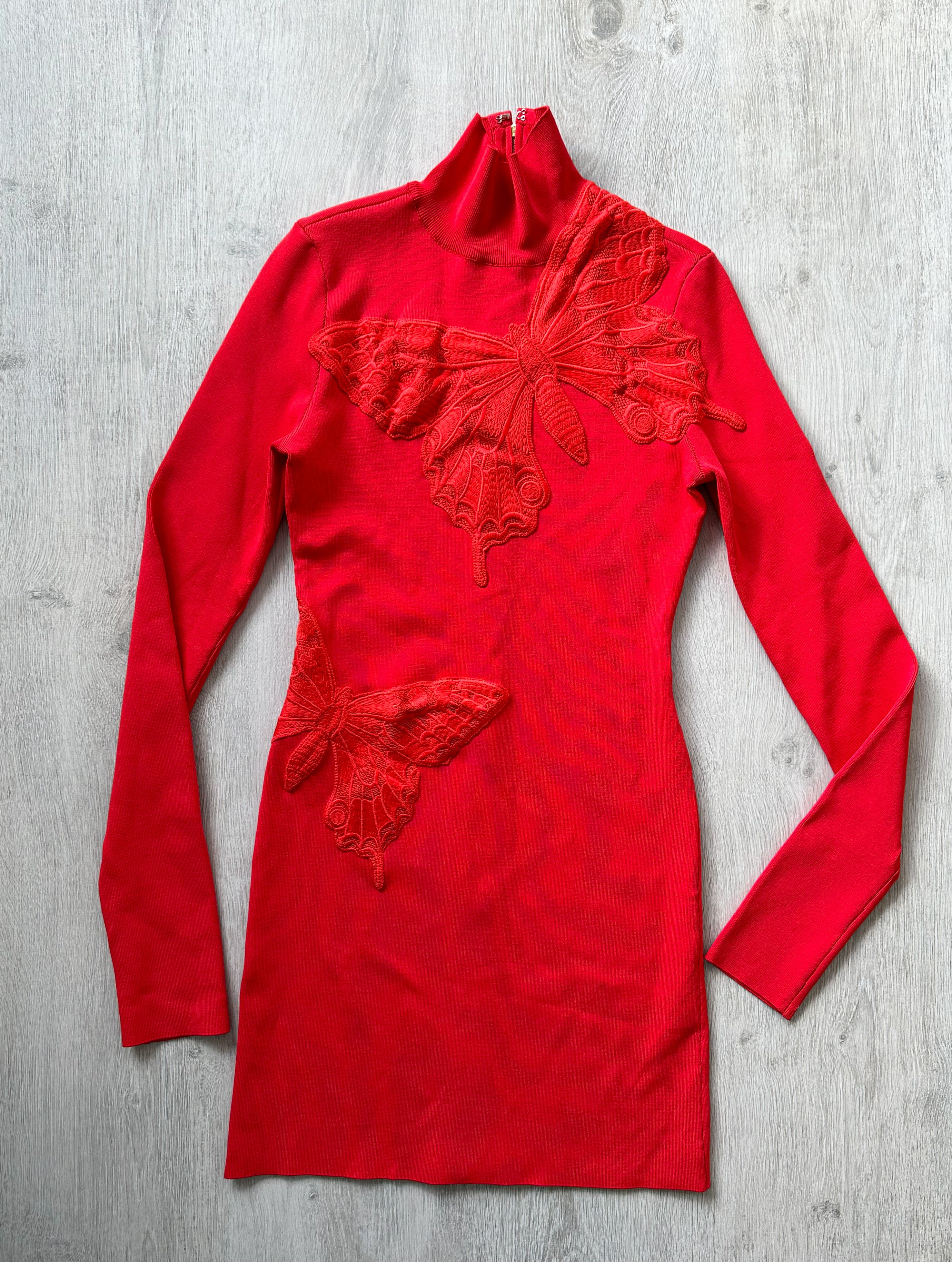 DAVID KOMA Red Butterfly Embroidery Long Sleeve High Neck Mini Dress - House Of Huntington