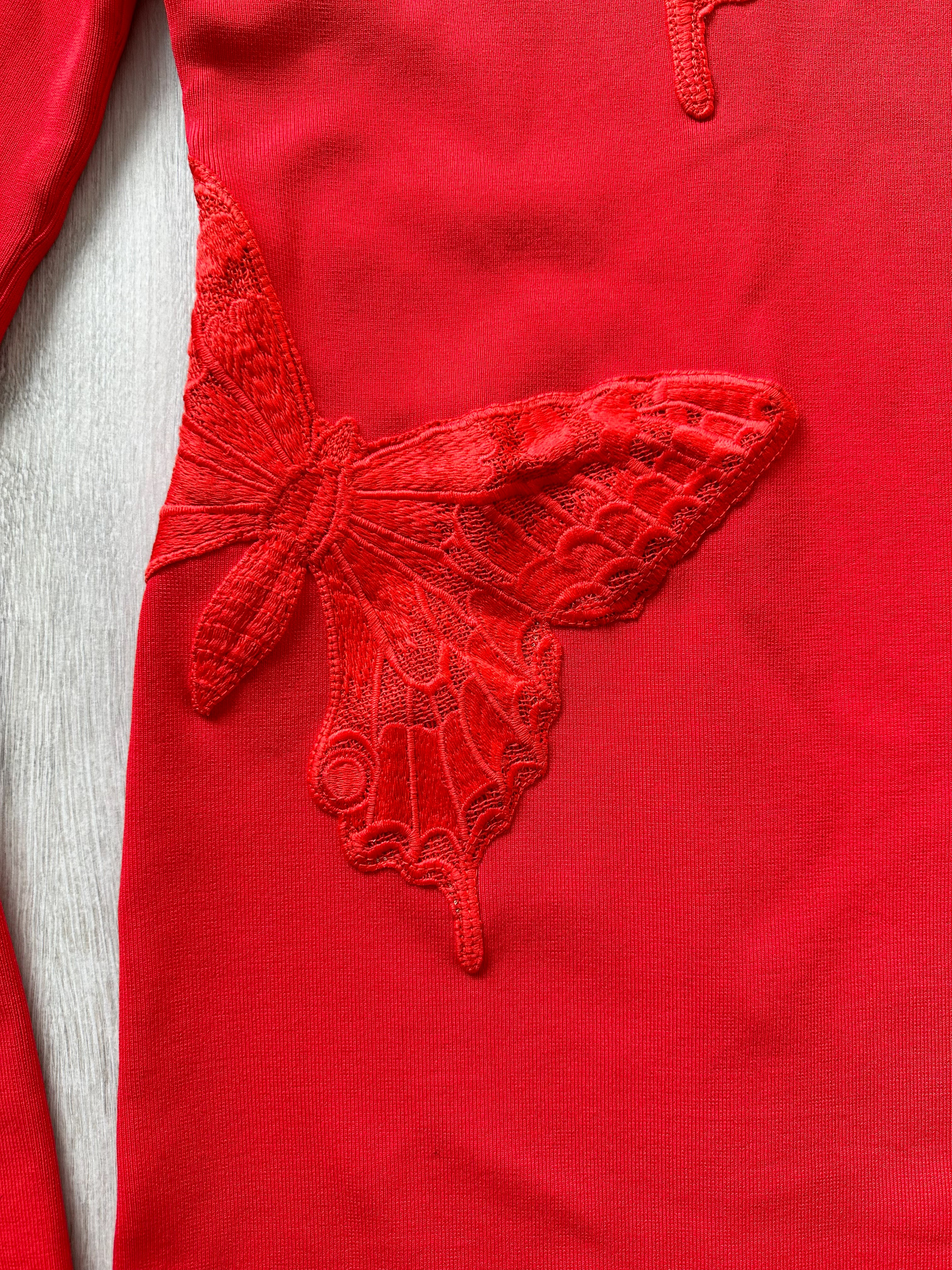 DAVID KOMA Red Butterfly Embroidery Long Sleeve High Neck Mini Dress - House Of Huntington