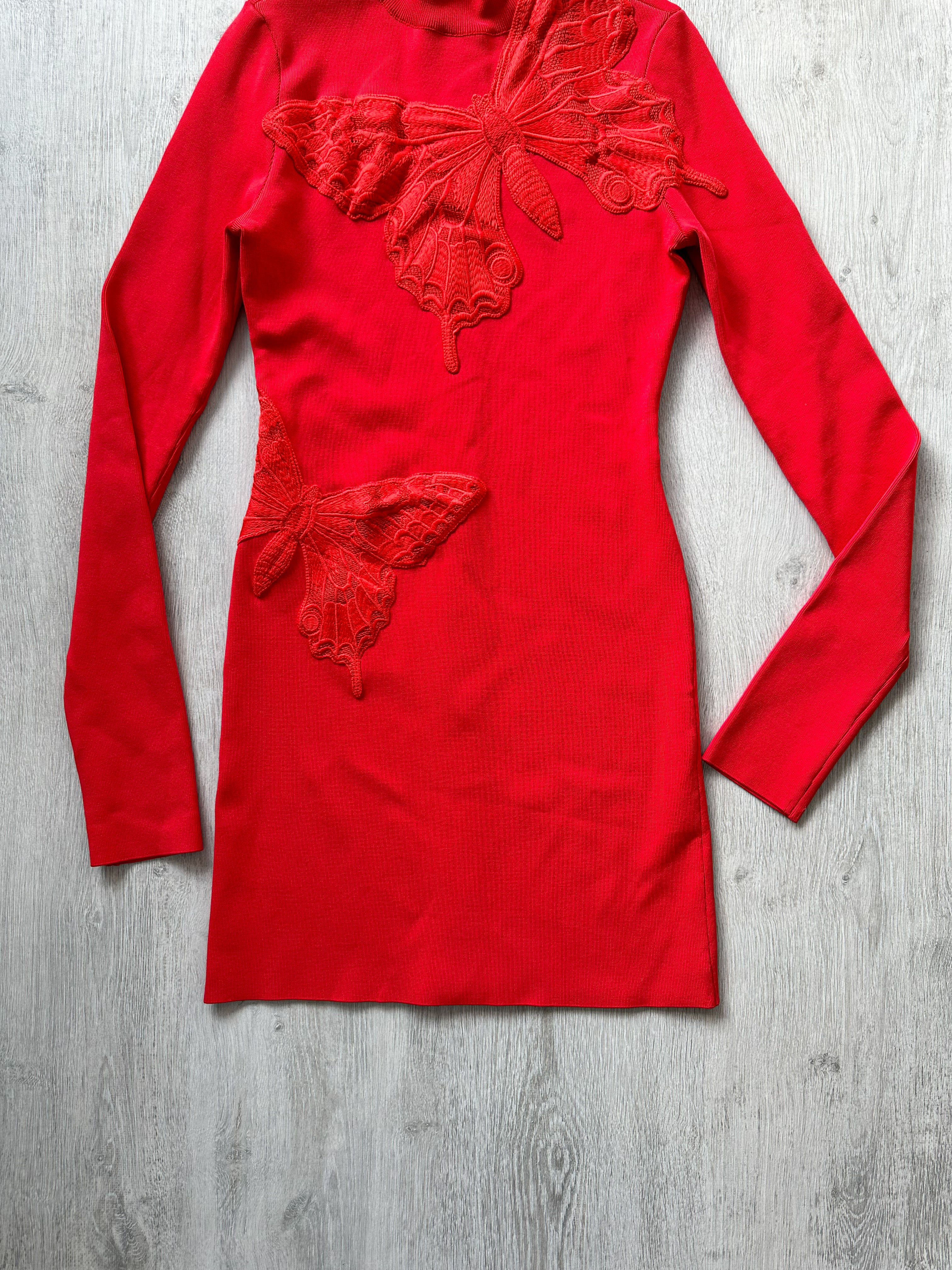 DAVID KOMA Red Butterfly Embroidery Long Sleeve High Neck Mini Dress - House Of Huntington