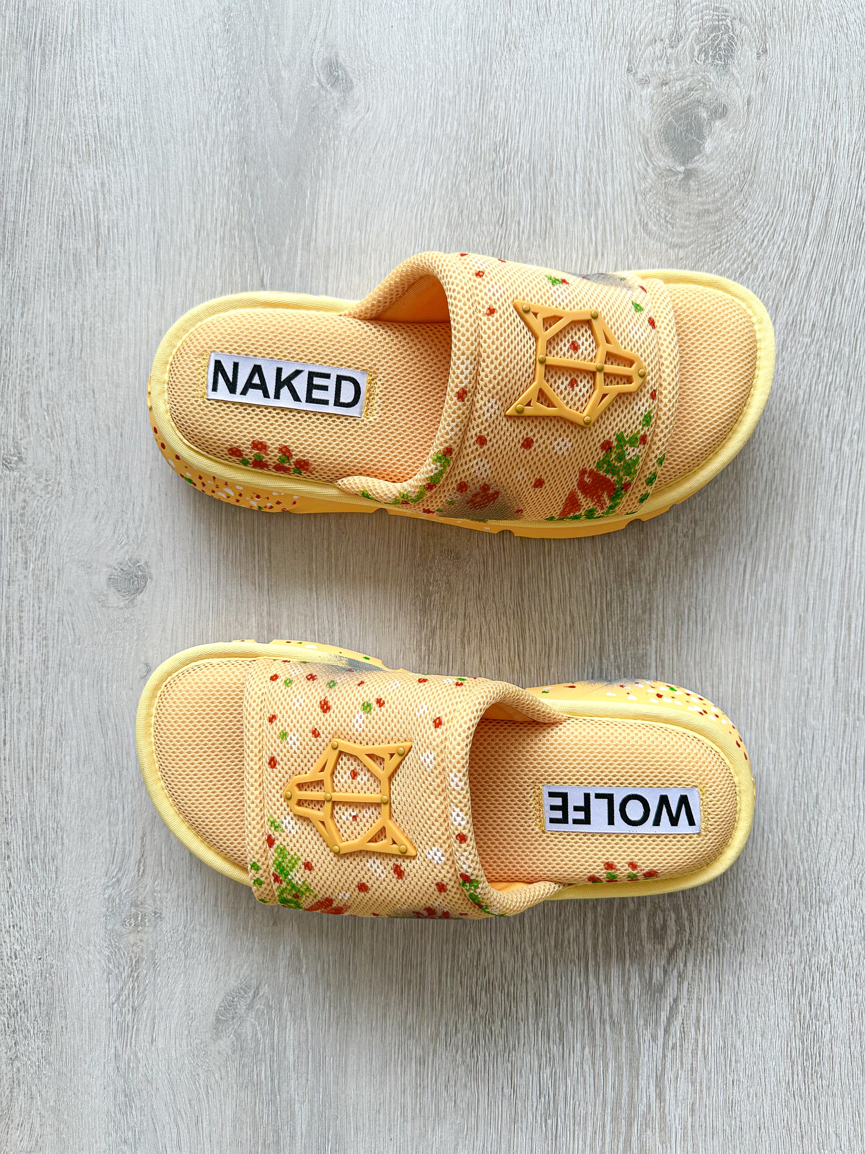 NAKED WOLFE Vegas Logo Embossed Yellow Mesh Sandals Slide - House Of Huntington