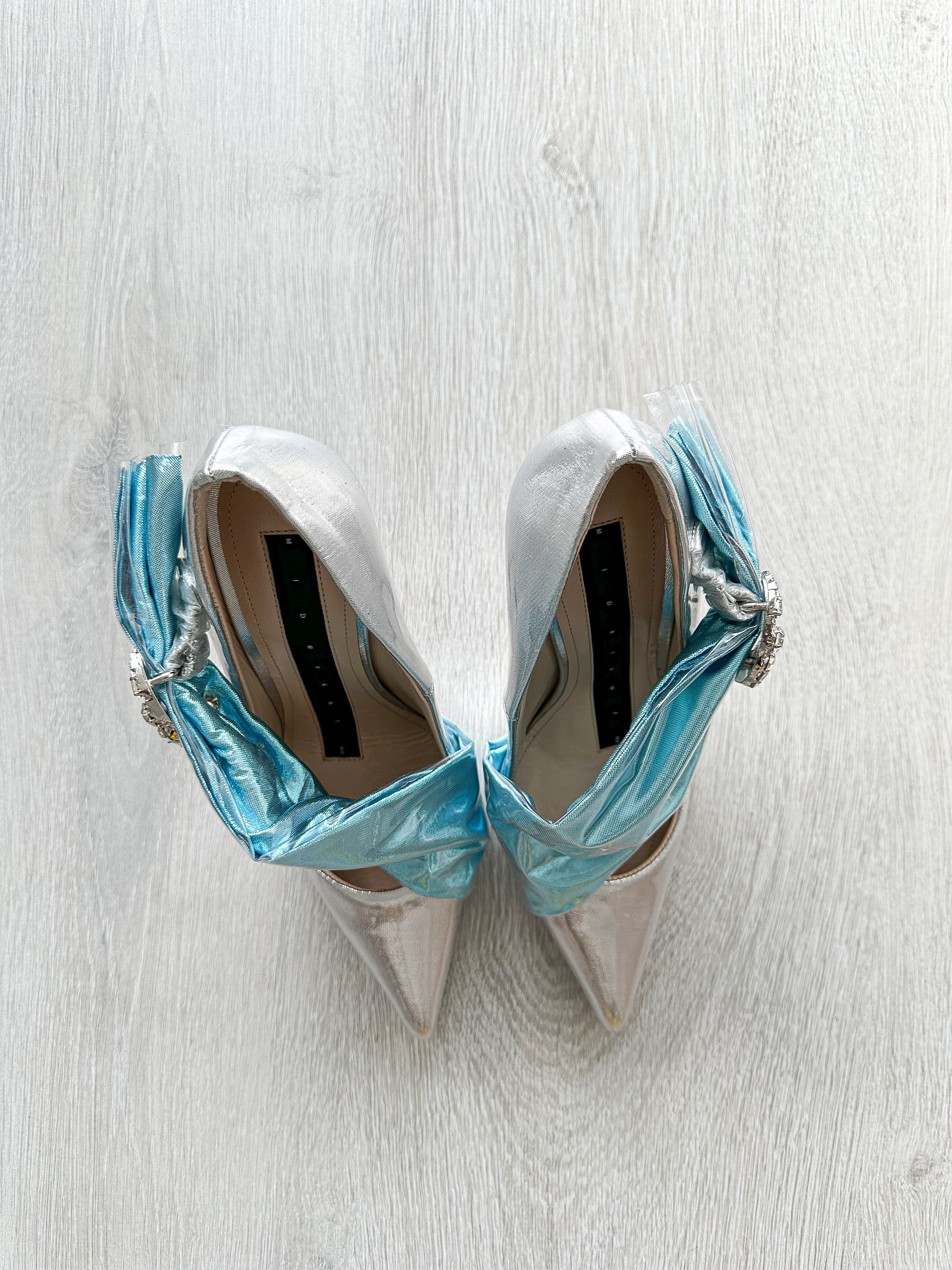 MIDNIGHT 00 Silver Blue Crescent Moon Ruched Wrap Princess High Heels - House Of Huntington