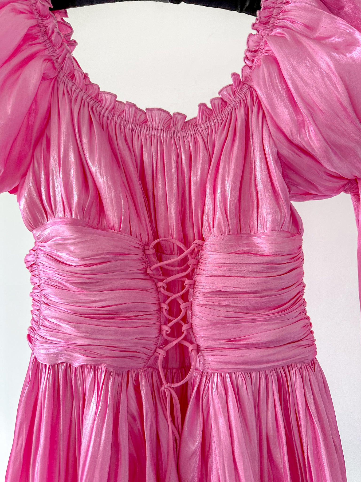 Amy Jane London Esmerelda Hot Pink Puff Sleeve Bow Detail Fitted Laced Bodice Prairie Mini Dress - House Of Huntington