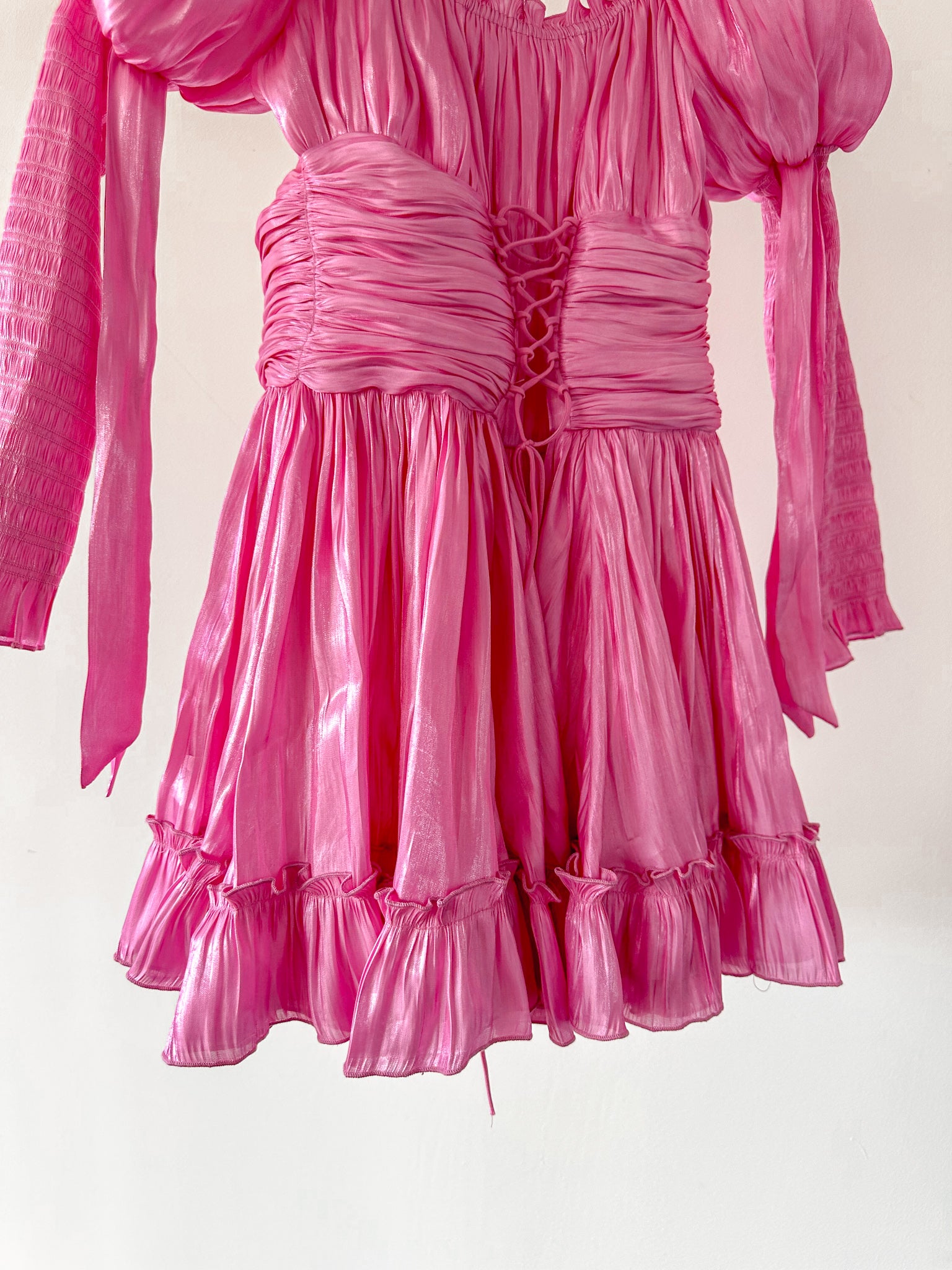 Amy Jane London Esmerelda Hot Pink Puff Sleeve Bow Detail Fitted Laced Bodice Prairie Mini Dress - House Of Huntington