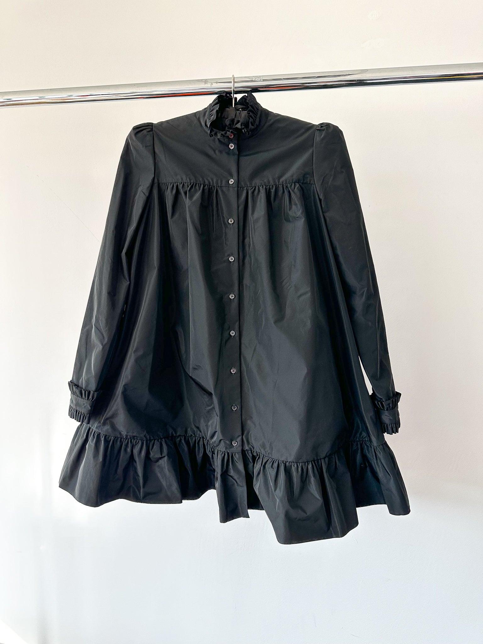 The Vampire's Wife The Splitter Black Taffeta Pleat Detail Ruffle Trim Dress - House Of Huntington