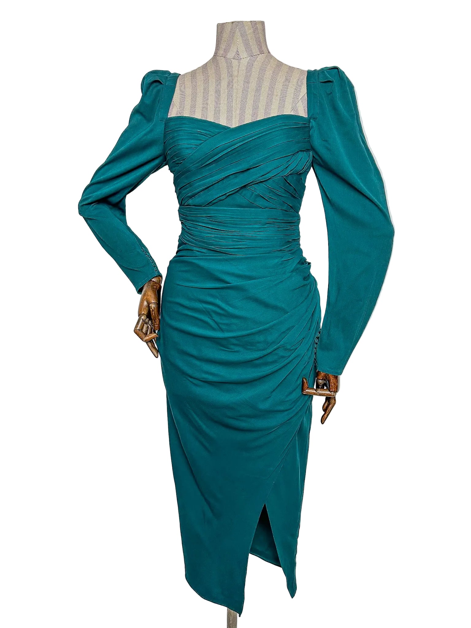 Self-Portrait Teal Sweetheart Neck Ruched Long Sleeve Midi Dress – House Of Huntington Self-Portrait Teal Sweetheart Neck Ruched Long Sleeve Midi Dress – House Of Huntington