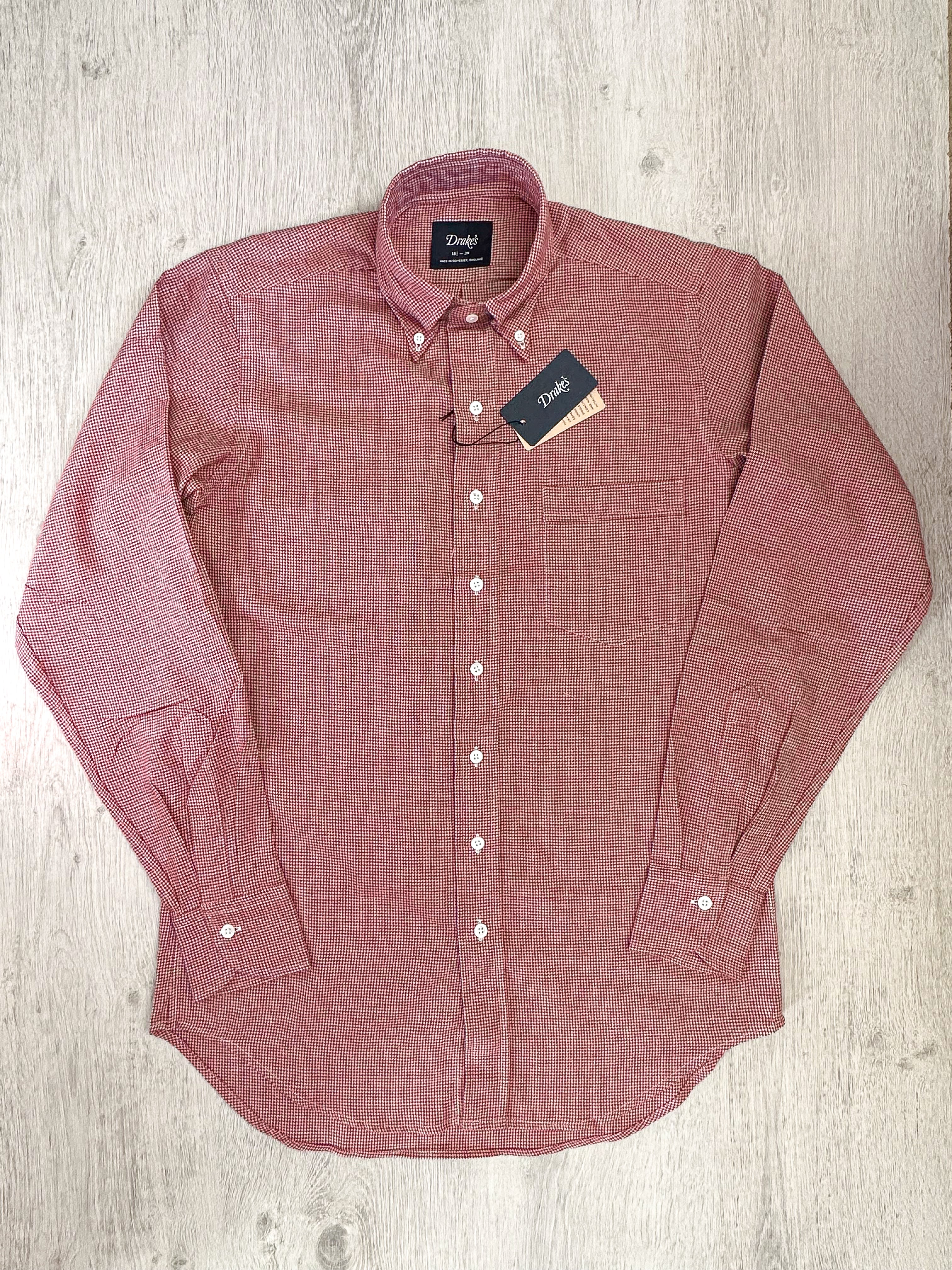 Drake's Red White Houndstooth Brushed Cotton Wool Long Sleeve Shirt - House Of Huntington