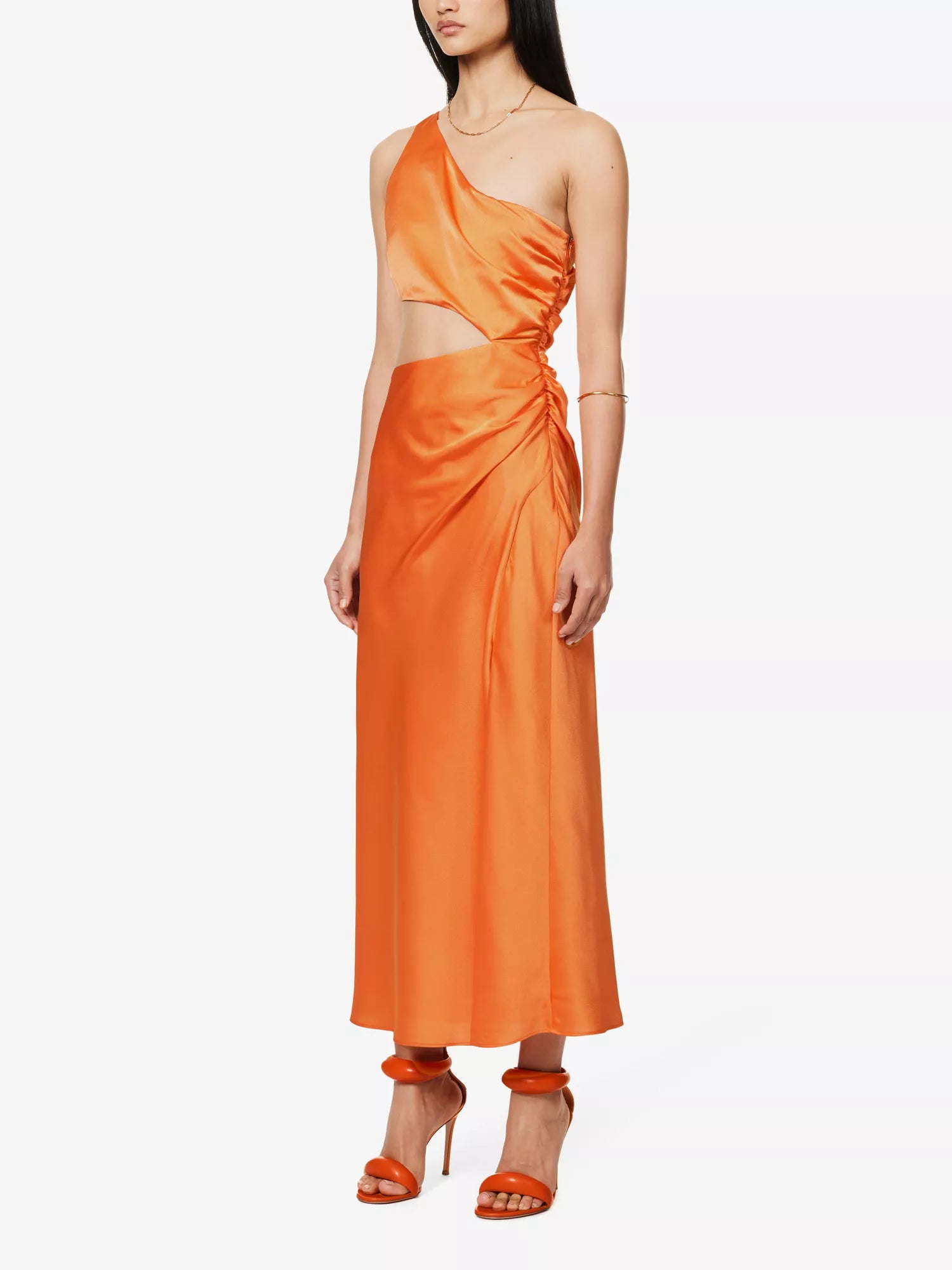 SAN SLOANE Nefeli One-Shoulder Cut-Out Satin Midi Orange Dress - House Of Huntington
