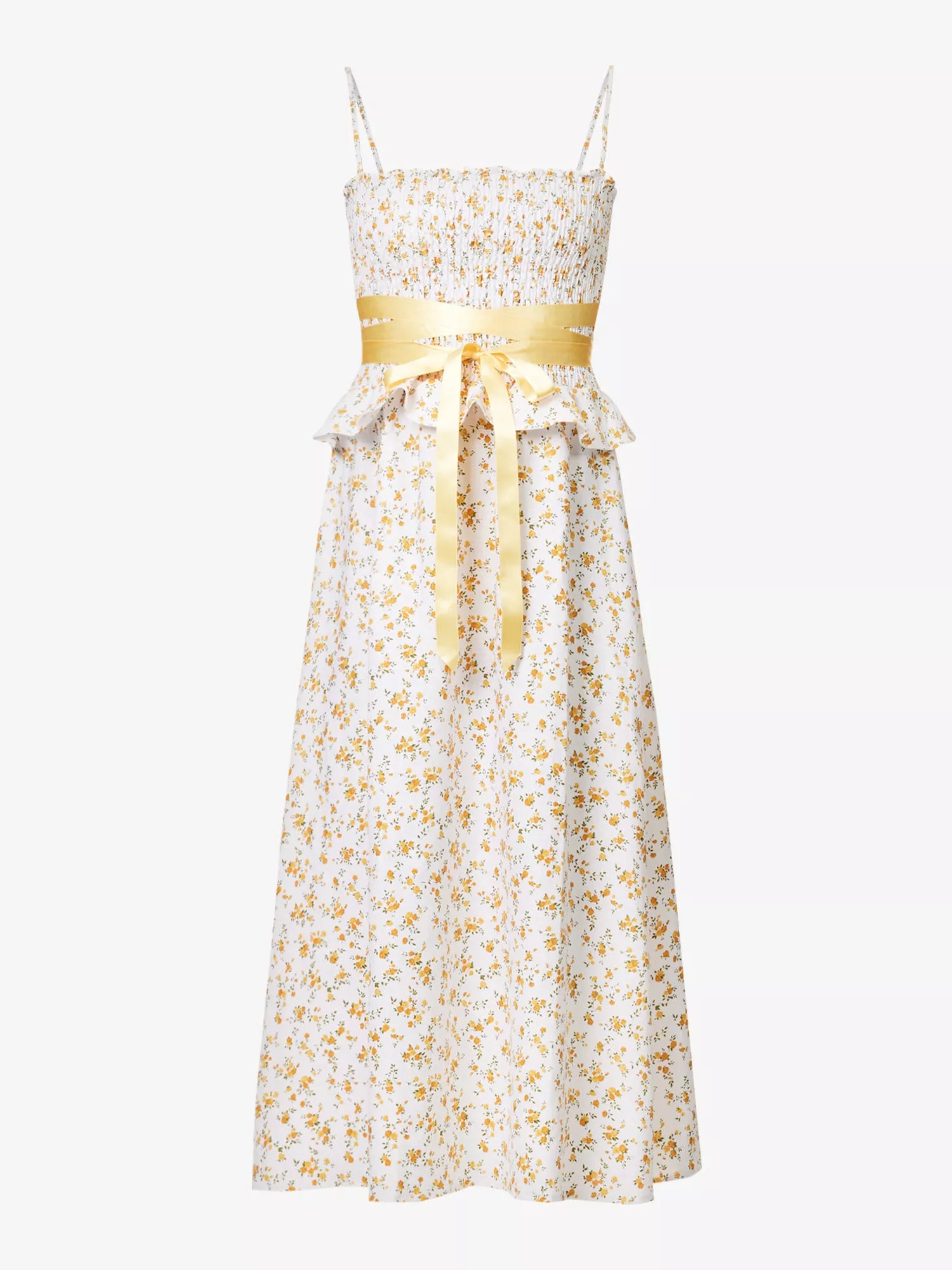 REFORMATION Miles Floral Ruffle-Trim Bow-Detail Linen Midi Dress – House Of Huntington REFORMATION Miles Floral Ruffle-Trim Bow-Detail Linen Midi Dress – House Of Huntington