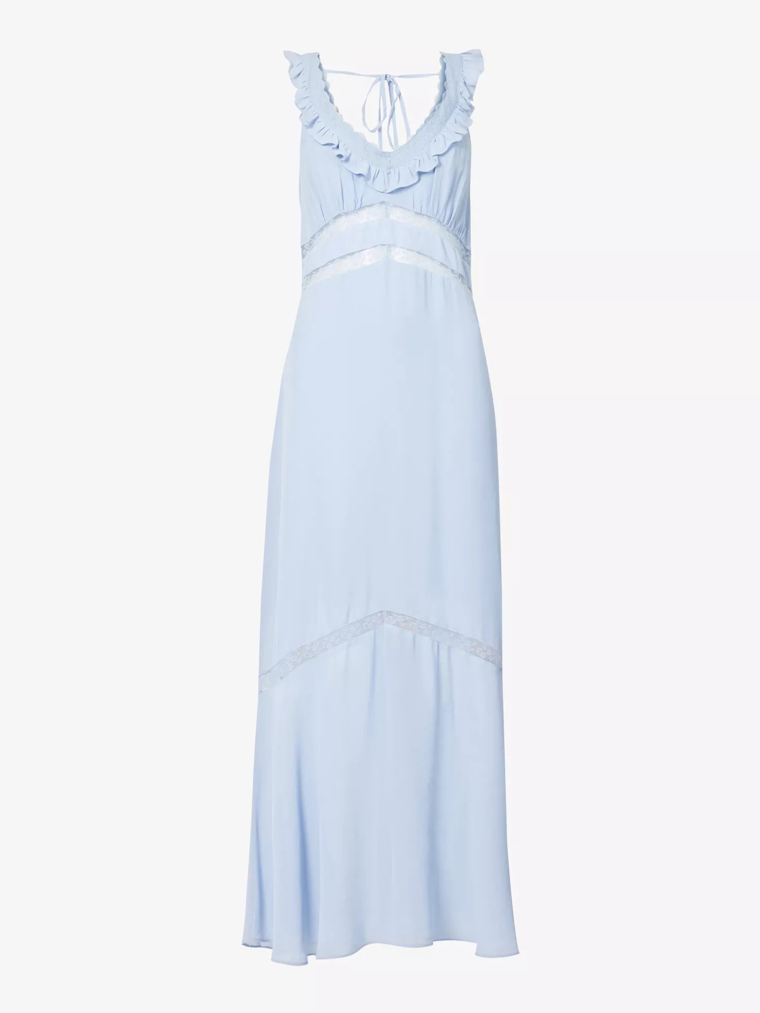 REFORMATION Purdie Frilly Trim Lace Panel Detail Crepe Blue Midi Dress House Of Huntington REFORMATION Purdie Frilly Trim Lace Panel Detail Crepe Blue Midi Dress House Of Huntington