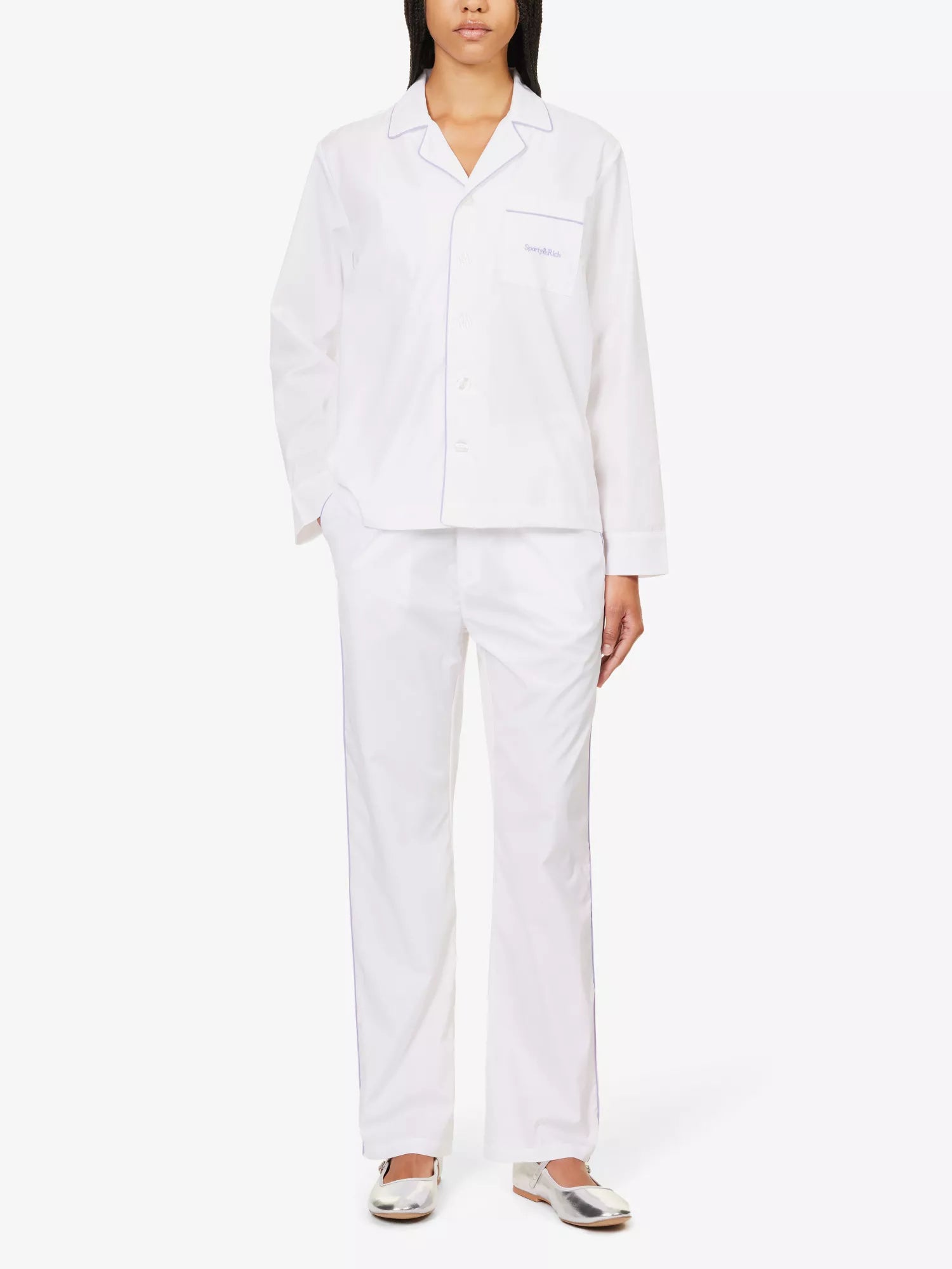 SPORTY & RICH Serif Embroidered Logo Contrast Piping Cotton Poplin Pyjama Top - House Of Huntington