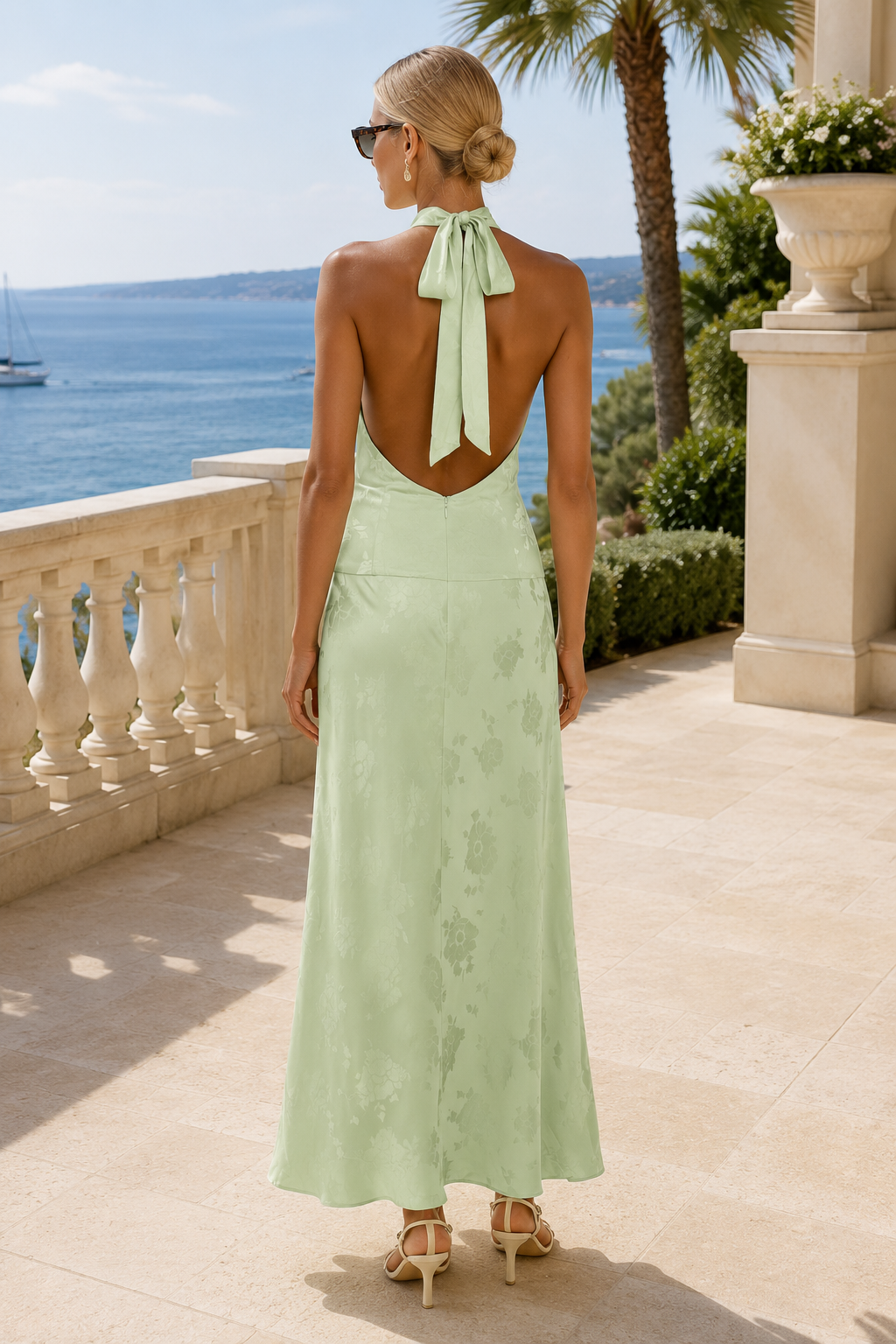 A woman stands on a sunlit terrace overlooking the sea, wearing a mint green halter maxi dress with a back tie and open back. The dress has a subtle tonal floral jacquard pattern and is styled with beige high-heeled sandals.