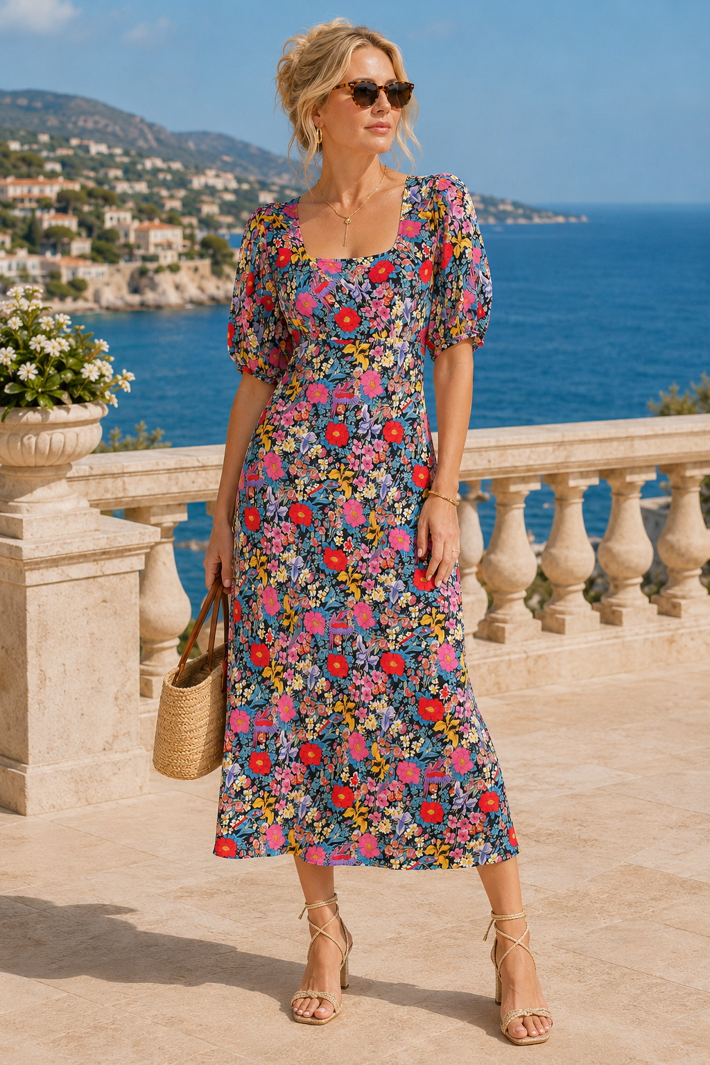 A woman stands on a sunlit terrace overlooking the blue sea and hills, wearing a short puff-sleeve midi dress with an all-over colorful floral print. She is styled with sunglasses, a woven handbag, and strappy high-heel sandals.