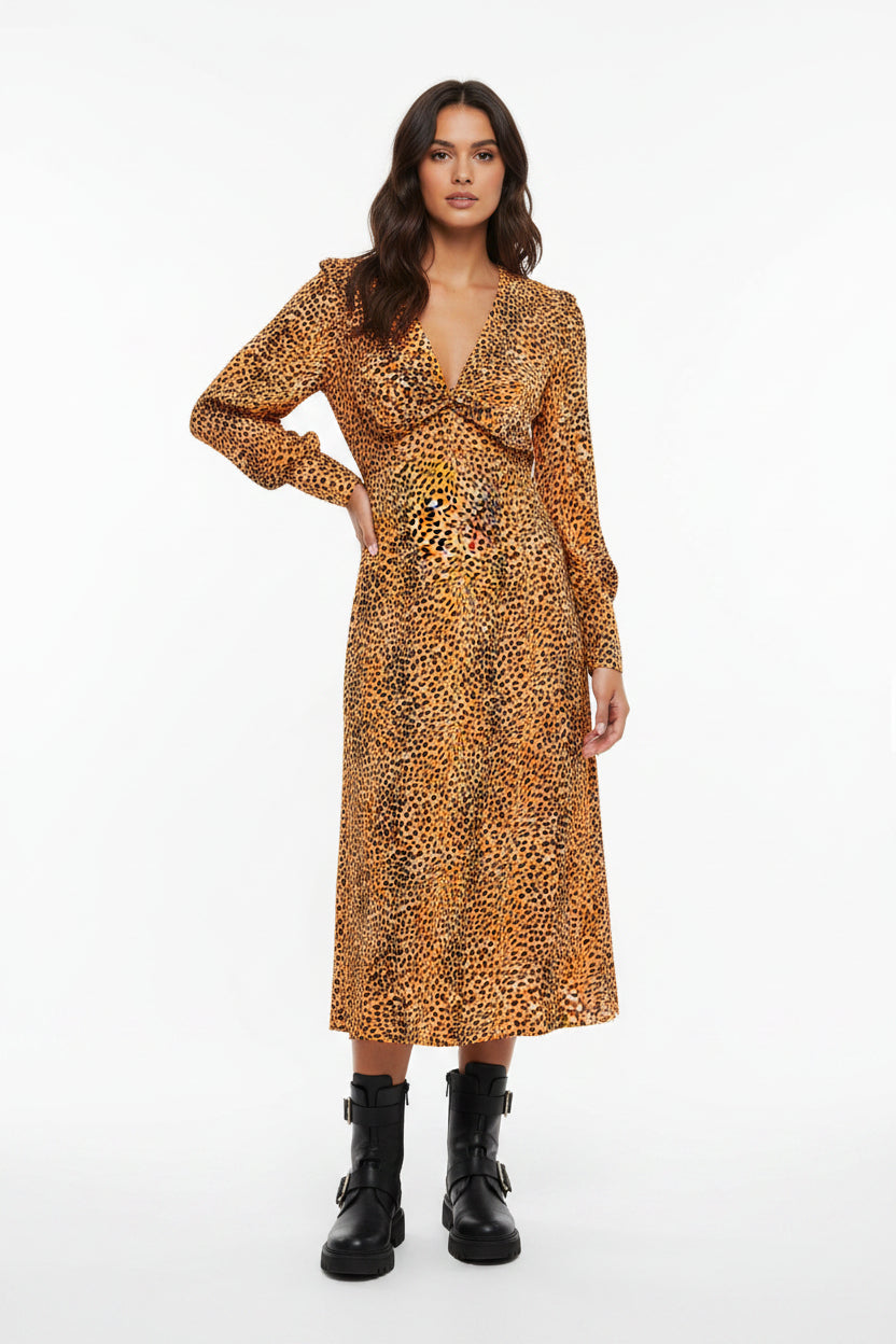 Ganni Leopard Print Ruffle Collar Detail Crepe Midi Dress House Of Huntington Ganni Leopard Print Ruffle Collar Detail Crepe Midi Dress House Of Huntington