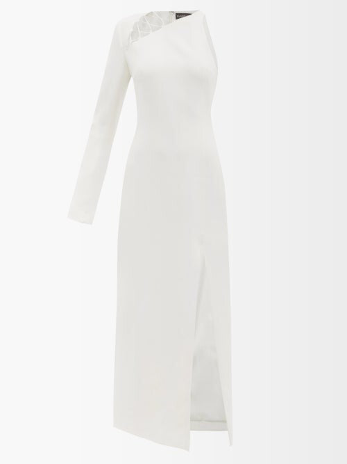 DAVID KOMA White Lace-Up Detail Crepe One Shoulder Midi Dress DAVID KOMA White Lace-Up Detail Crepe One Shoulder Midi Dress