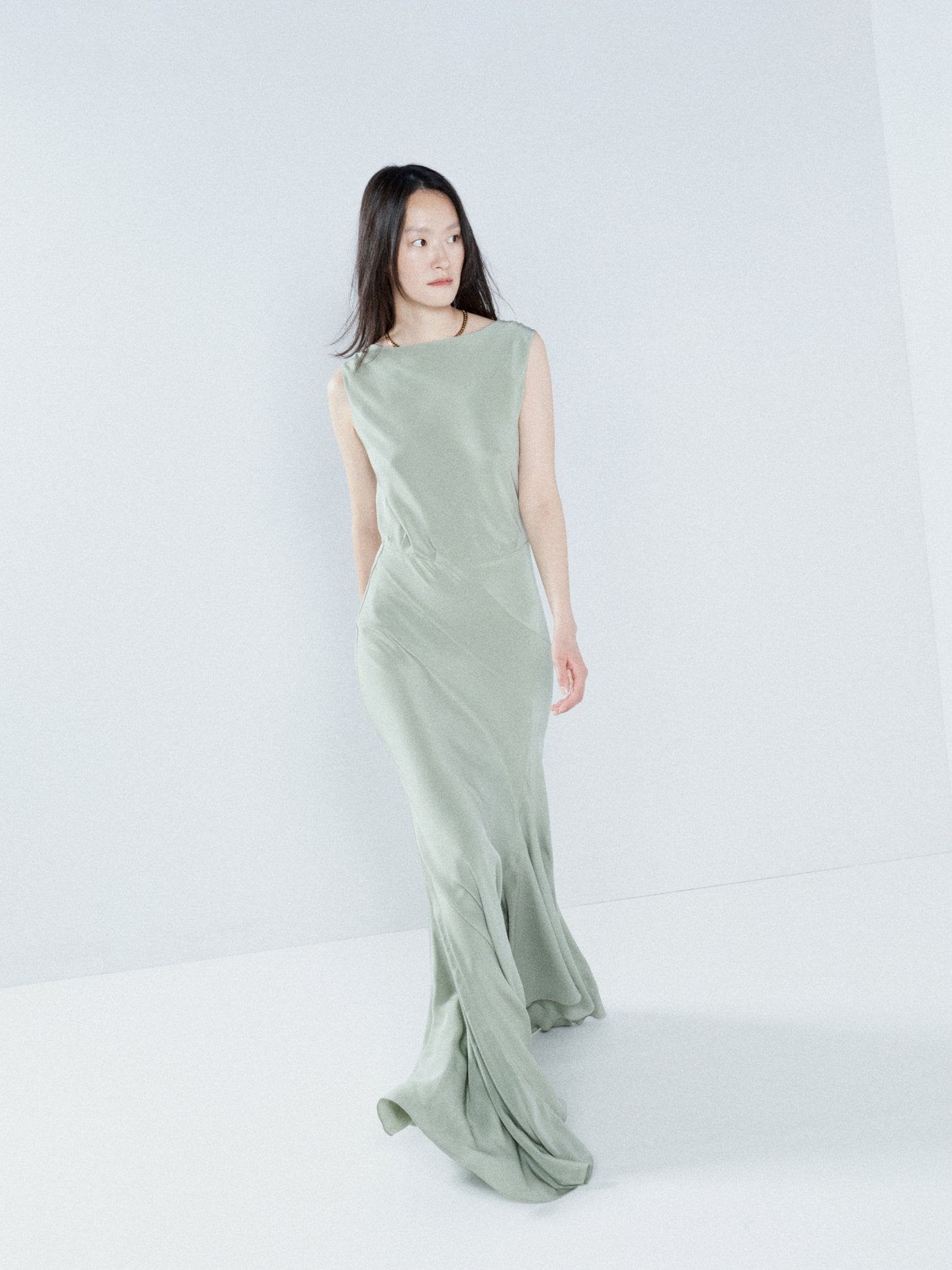 RAEY Cowl-Back Silk Seam Detail Pistachio Green Crepe De Chine Maxi Dress - House Of Huntington