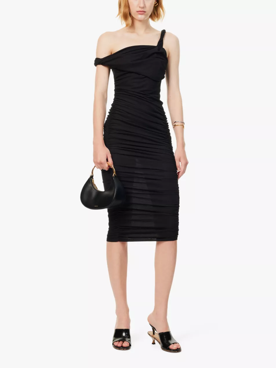 Reformation x Laura Harrier Alycia Black Knit Ruched Off Shoulder Midi House Of Huntington Reformation x Laura Harrier Alycia Black Knit Ruched Off Shoulder Midi House Of Huntington