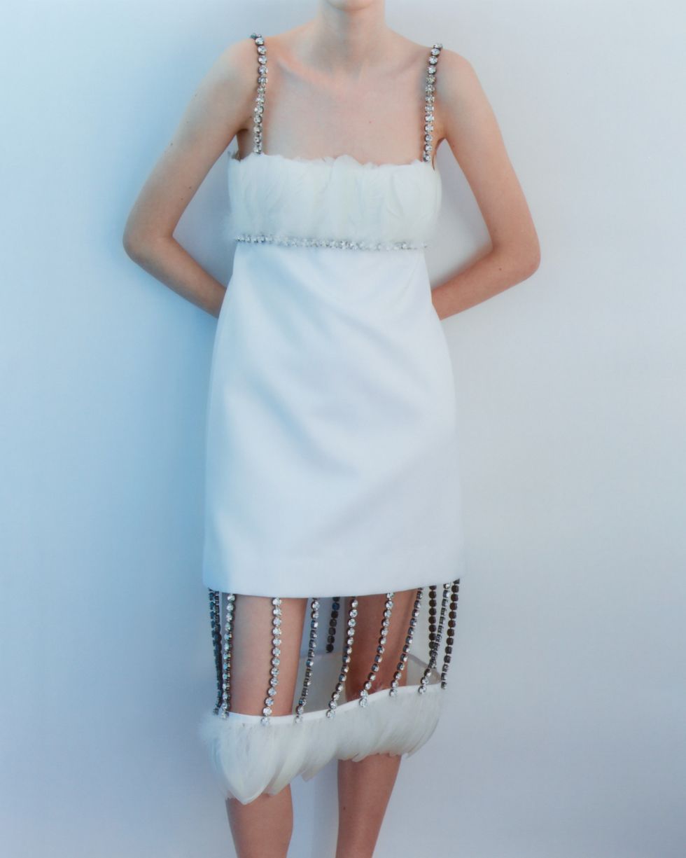 CHRISTOPHER KANE Bridal White Feather Detail Crystal Chain Fringe Hem Mini Dress - House Of Huntington