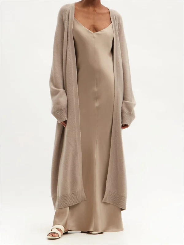 RAEY V-Neck Silk-Satin Beige Grey Maxi Dress - House Of Huntington