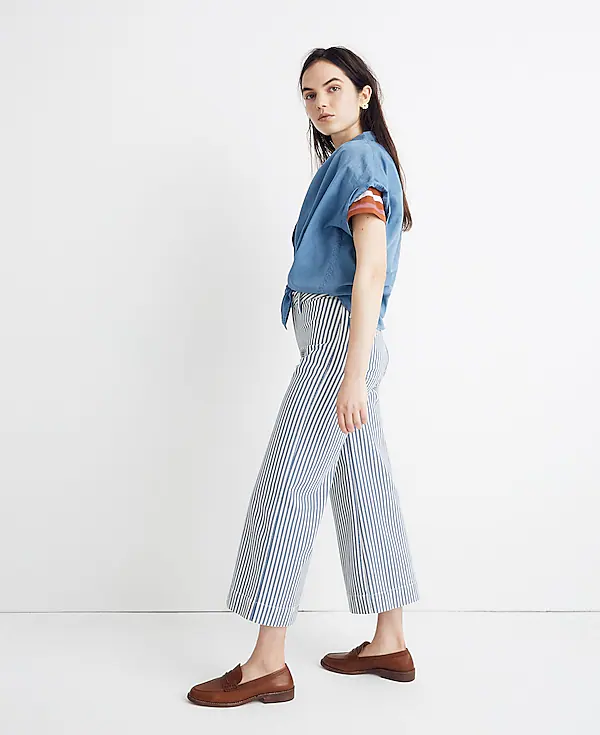 Madewell Emmett Wide-Leg Crop Pants Trousers in Herringbone Railroad Stripe - House Of Huntington