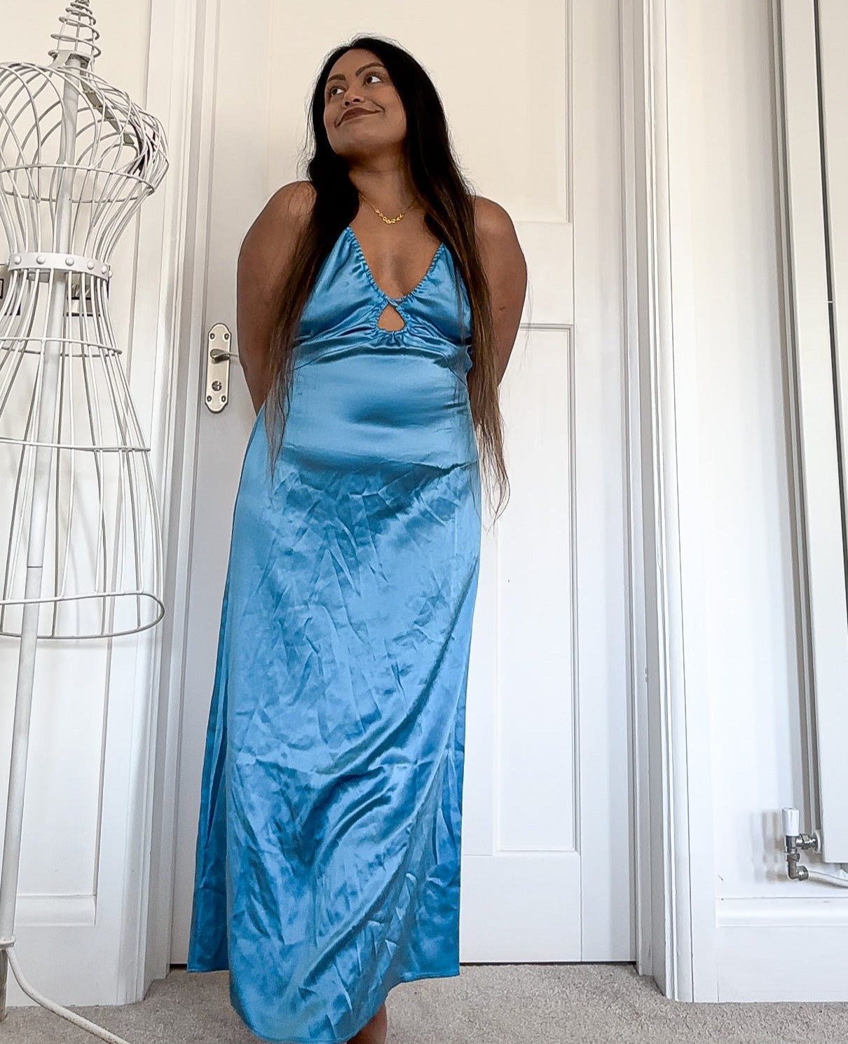 Reformation Antoni Keyhole Silk-Satin Midi Dress in Grotto Blue Reformation Antoni Keyhole Silk-Satin Midi Dress in Grotto Blue