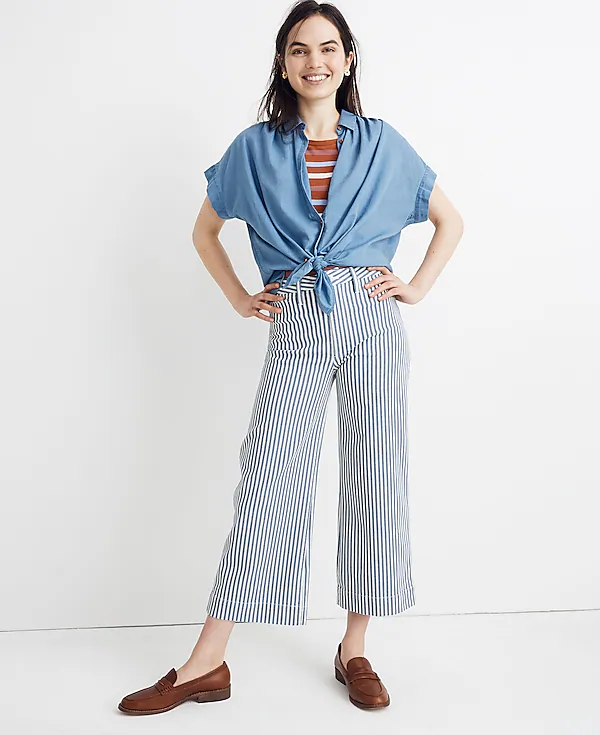 Madewell Emmett Wide-Leg Crop Pants Trousers in Herringbone Railroad Stripe - House Of Huntington