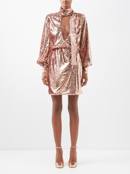 rose gold sequin bodycon dress Rose Gold Sequin Plunging Neckline Mini Dress